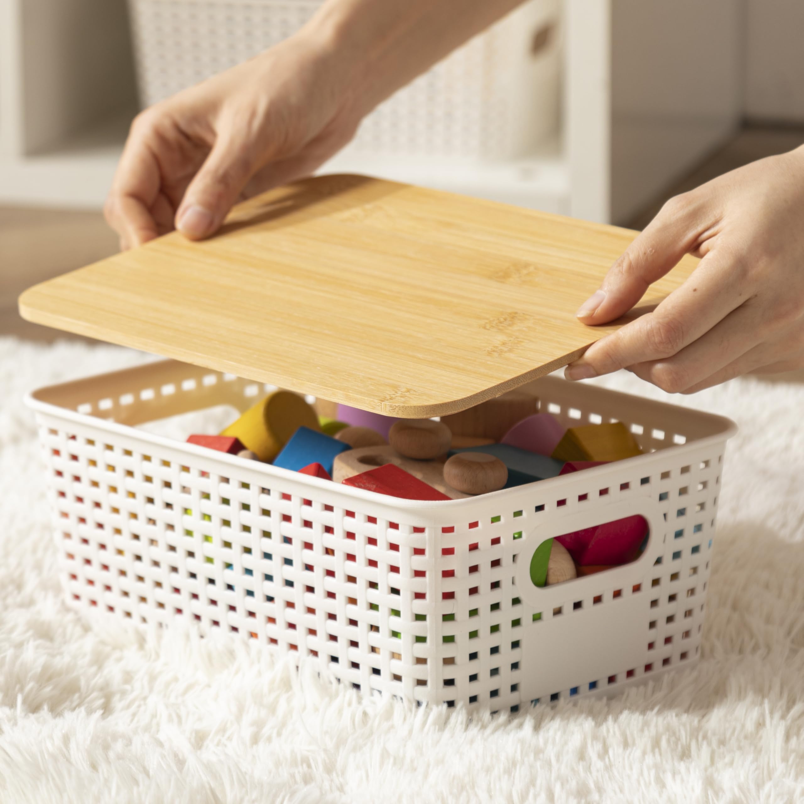 Stackable Plastic Storage Bins with Bamboo Lids - 6 Pack White Toy Organizer Boxes for Kids Room, Pantry, Bathroom & Classroom Storage | Space-Saving Home & Office Organization Solution