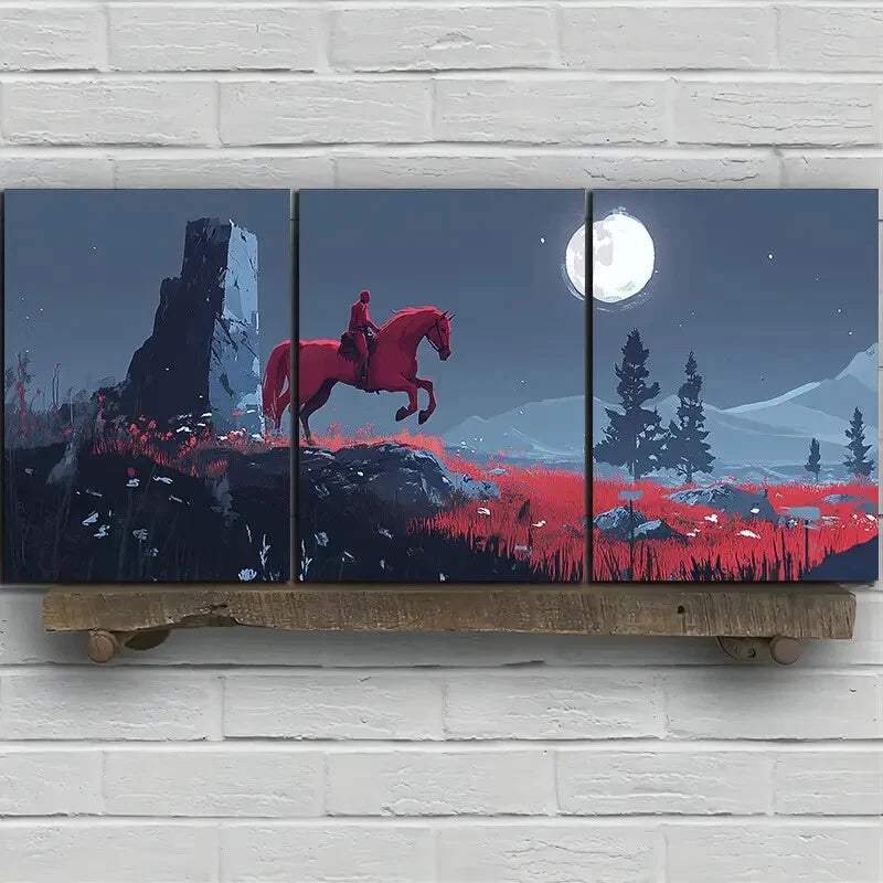 3-Piece Red Metal Wall Art Print - Horse Jumping Under Moonlight - Ready to Hang Home Decor for Living Room, Bedroom & Office