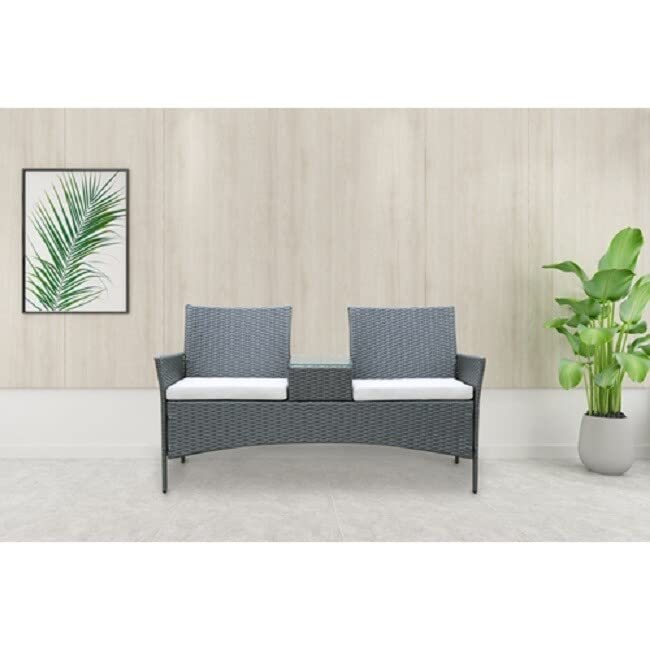 Grey Rattan Patio Wicker Loveseat with Built-in Coffee Table - Outdoor Furniture for Garden, Balcony, and Backyard Relaxation