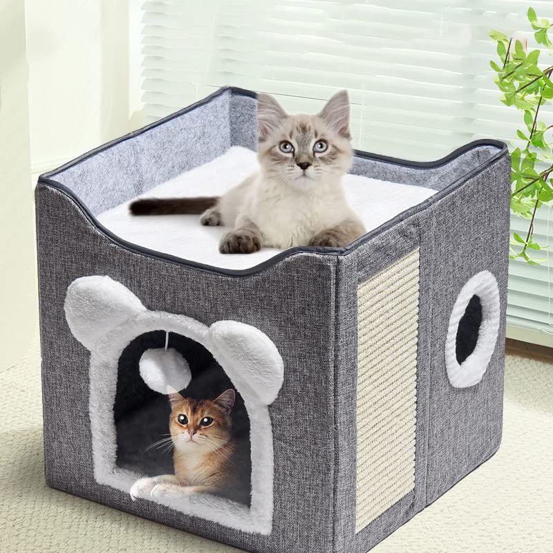 Premium Foldable Cat Bed House for Indoor Cats - Large Cozy Cave with Fluffy Hanging Ball & Scratch Board - 15.35