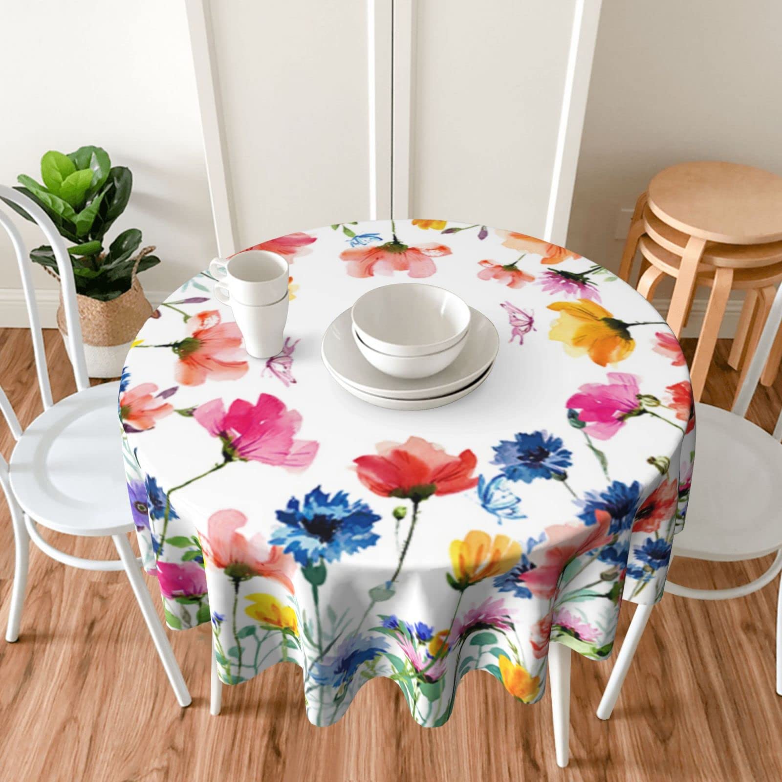 Butterfly Spring Floral 60 Inch Round Polyester Washable Tablecloth for Kitchen, Dining Room, Wedding, and Party