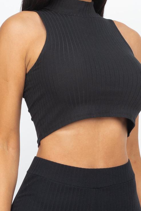 Stylish Ribbed Mock Neck Crop Tank Top & Bootcut Pants Set for Women | Trendy Two-Piece Outfit for Casual Wear, Date Night & Office Chic