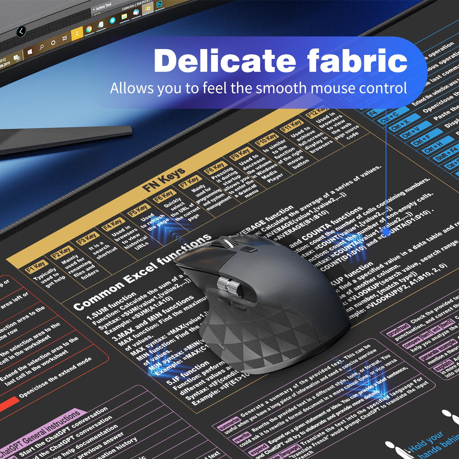 Waterproof Mouse Pad with Excel Cheat Sheet - 9 Major Excel Function Modules & Common Shortcuts - Extra Large XL Desk Mat for Gaming, Office & Computer Work - Perfect for Excel Users, Programmers & Gamers