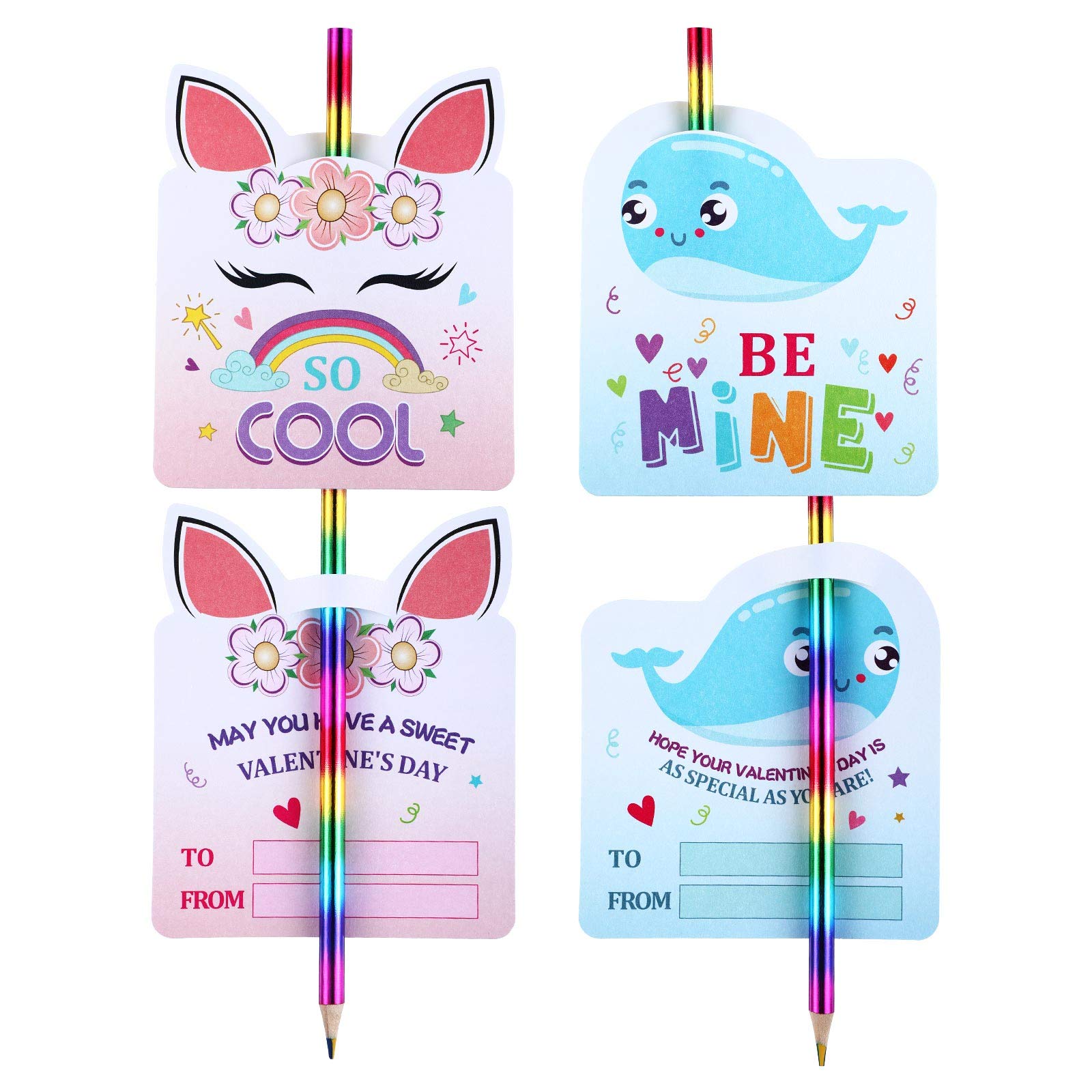 Zonon 30 Sets Valentine's Day Cards with Rainbow Pencils - Unicorn & Cute Animal Greeting Cards for Kids Classroom Exchange, Party Favors - Perfect for Valentine's Day Celebrations & School Events