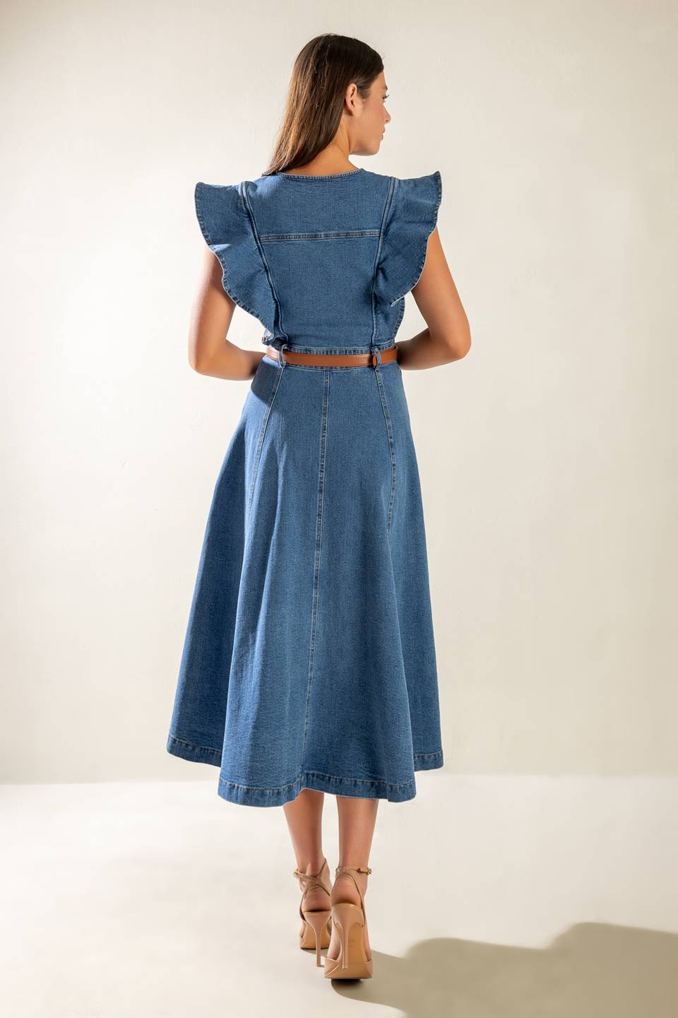 Indigo Ruffle Sleeve Denim Midi Dress for Women - Stylish Casual & Party Wear - Perfect for Date Nights, Brunch, and Summer Outings