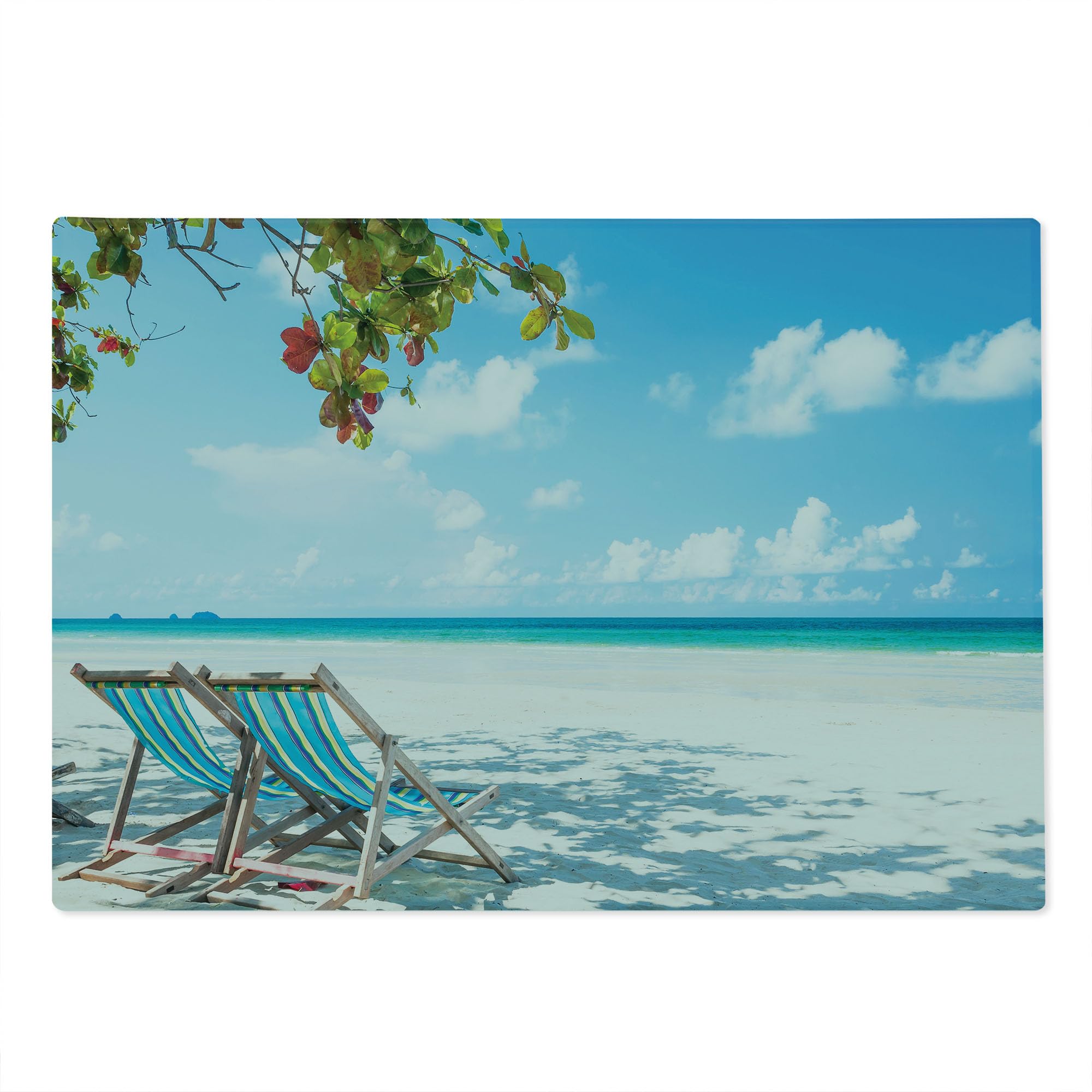Lunarable Seaside Tempered Glass Cutting Board - Large Turquoise Blue Decorative Serving Board with Beach Chairs Under Tree Shade Design | Perfect for Kitchen Prep, Charcuterie Display & Coastal-Themed Home Decor