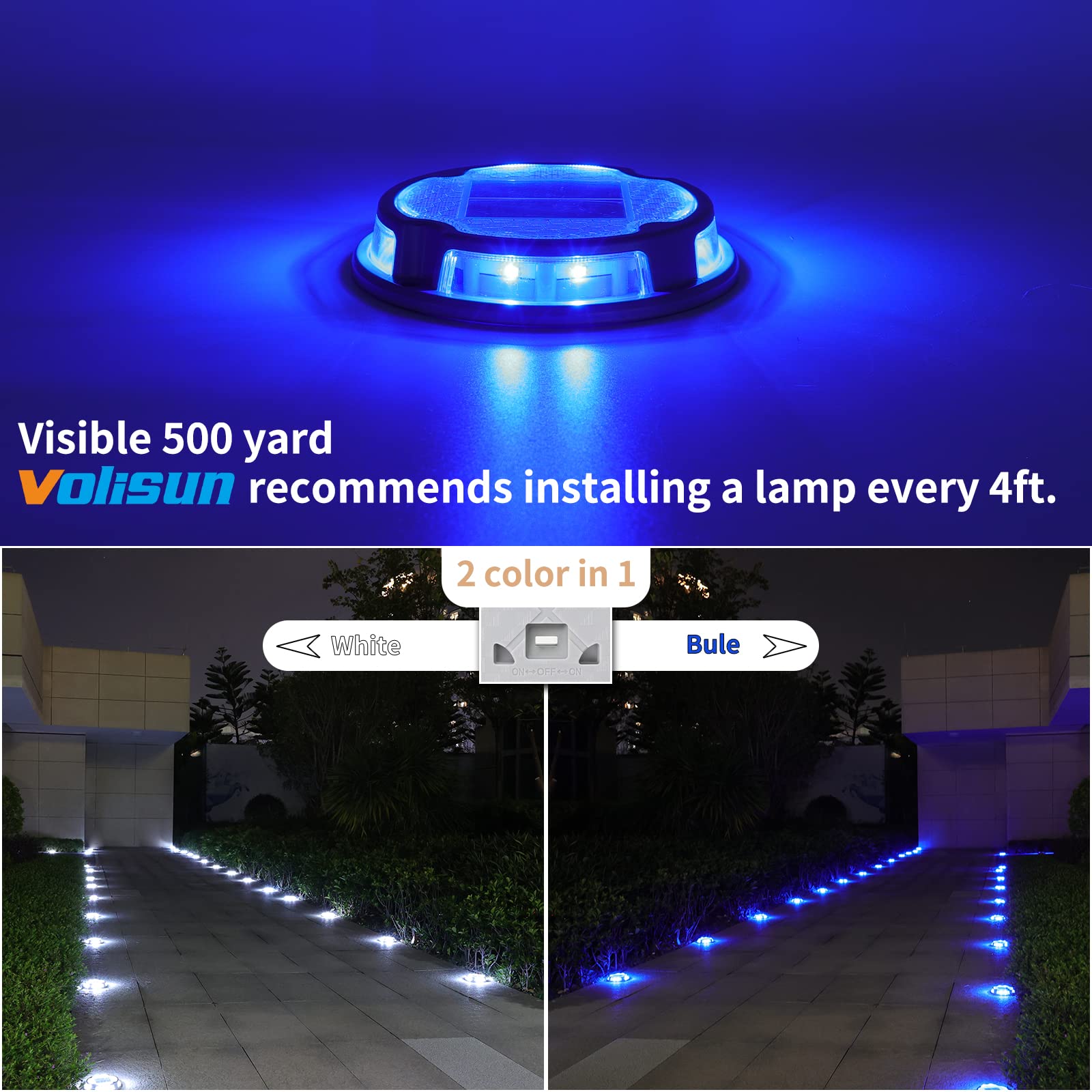 VOLISUN 12 Pack Solar Driveway Lights - Waterproof Outdoor Pathway & Deck Lighting with 2 Color Modes (White/Blue) for Garden, Yard, Walkway & Patio Illumination