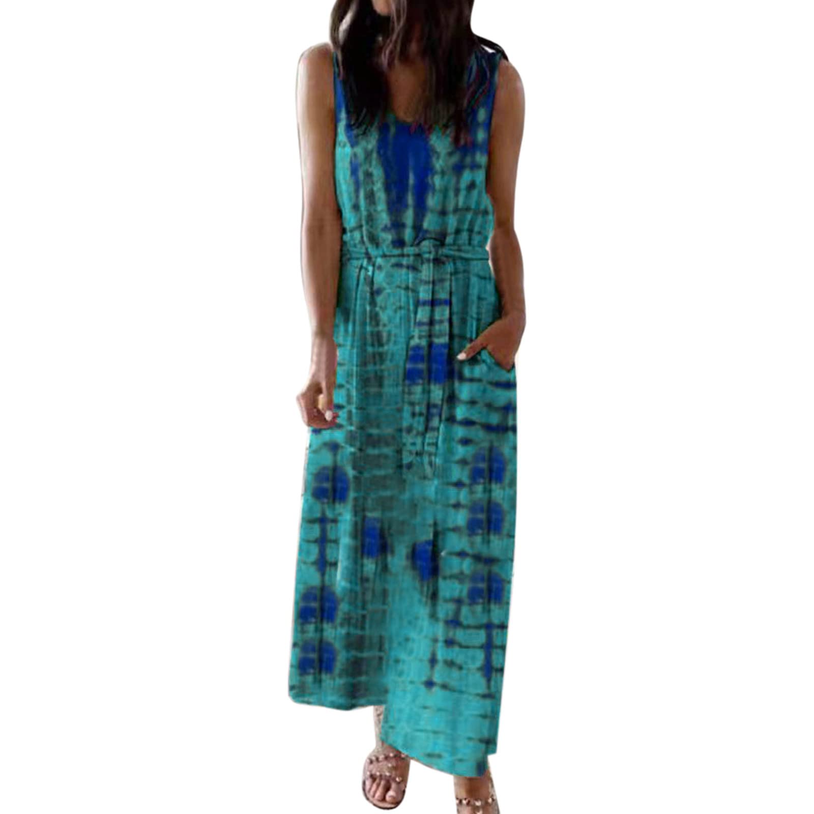 Women's Summer Casual Sleeveless Striped Midi Dress - V-Neck Halter Ruched Tie Waist Fashion Dress for Beach, Vacation & Outdoor Parties