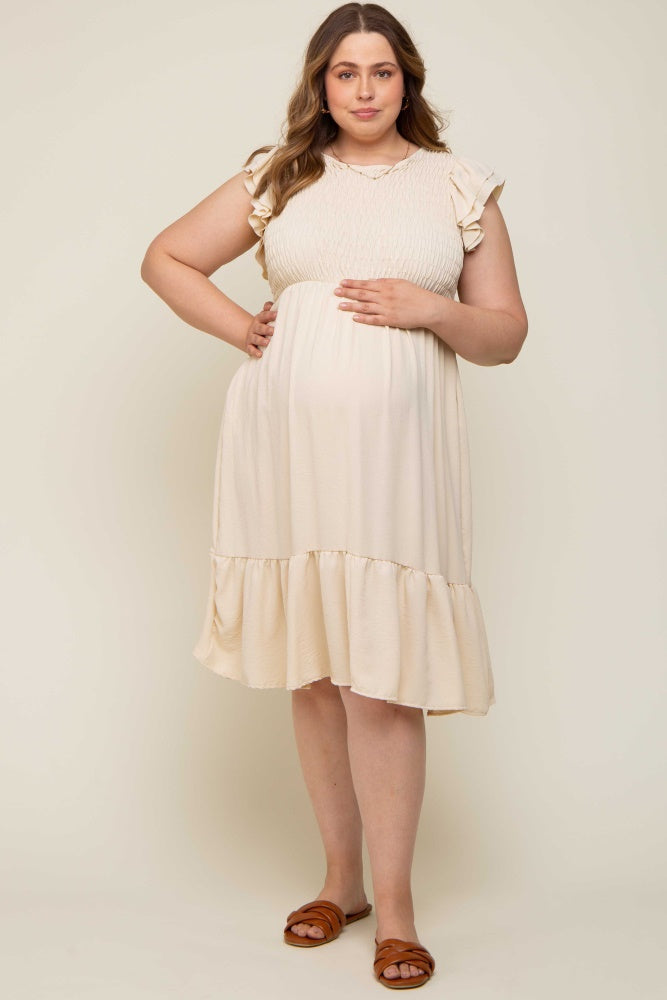 Beige Smocked Maternity Dress with Ruffle Flutter Sleeves & Layered Skirt - Plus Size Midi Dress for Pregnancy, Baby Shower & Special Occasions