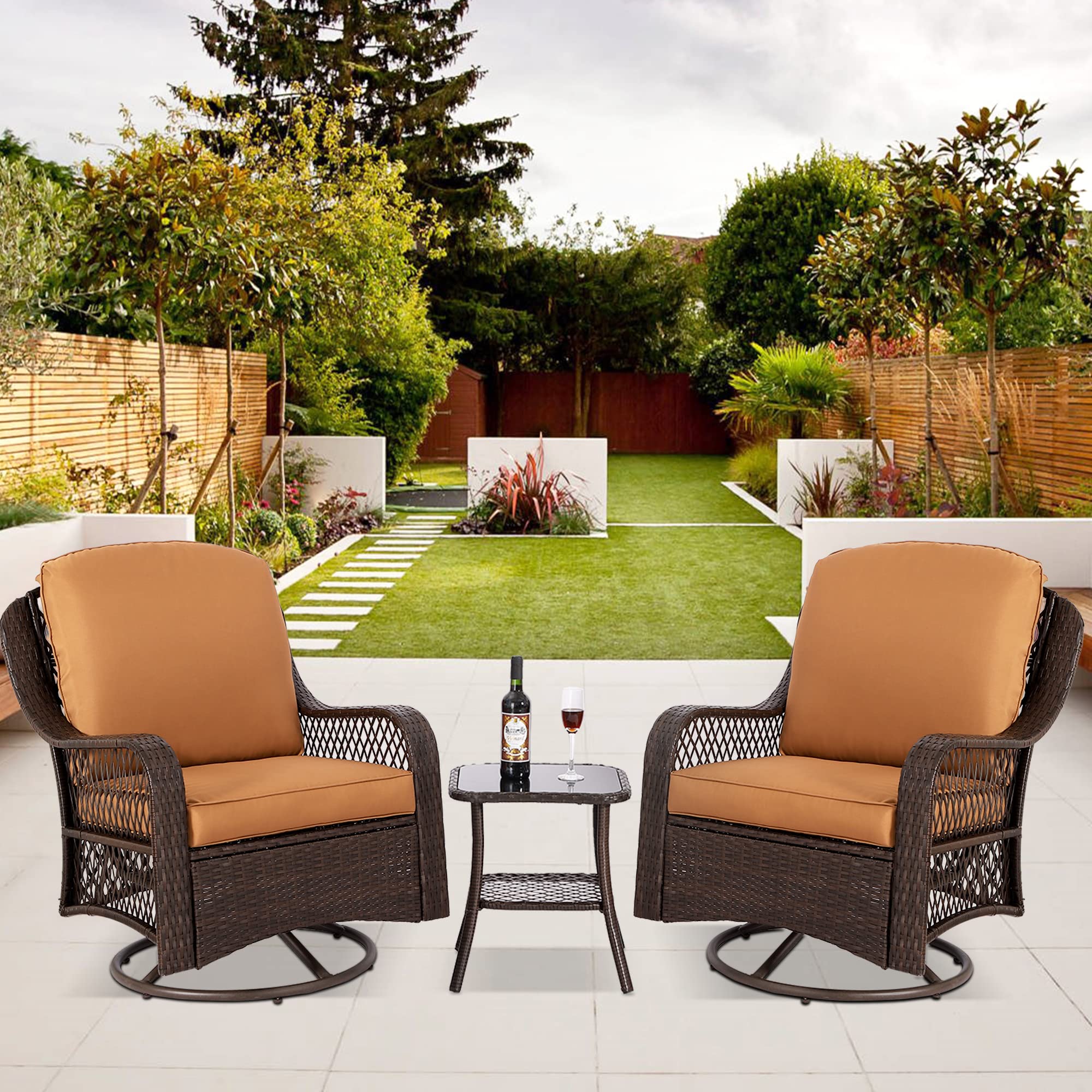 360° Swivel Rattan Rocking Chairs Outdoor Set - 3-Piece Wicker Patio Bistro Furniture with Side Table & Padded Cushions (Khaki) | Perfect for Garden, Balcony, Poolside & Backyard Relaxation