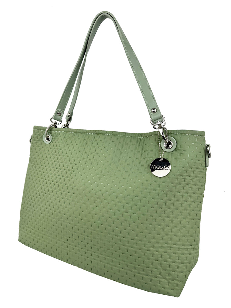 Mel&Co Embossed Nylon Double Handle Tote Bag - Waterproof Lightweight Women's Shoulder Bag in Sea Green | Perfect for Work, Travel & Beach Day Essentials