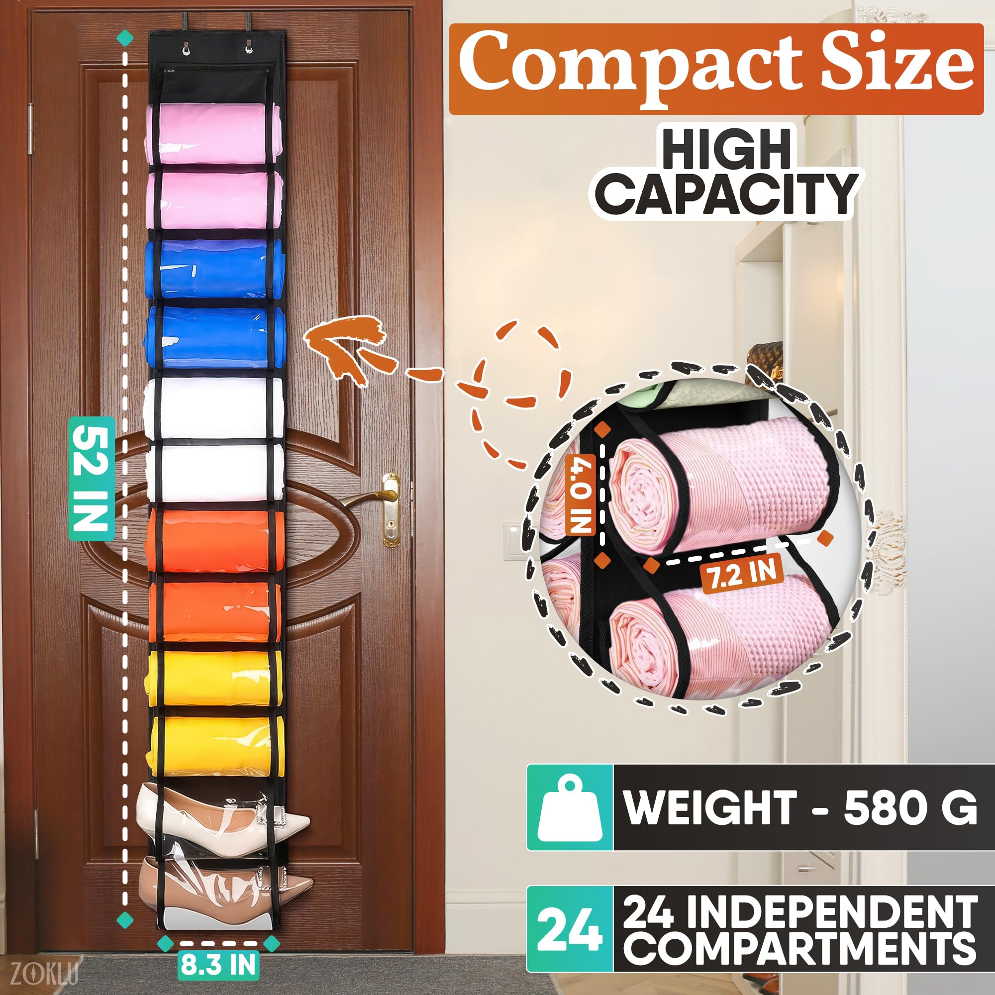 ZOKLU 24-Pocket Hanging Closet Organizer for Leggings & Clothes - Foldable Storage Bag with Roll Compartments, Space-Saving Wardrobe Organizer for Bedroom (Black) - Perfect for Organizing Pants, Scarves, Ties & Accessories
