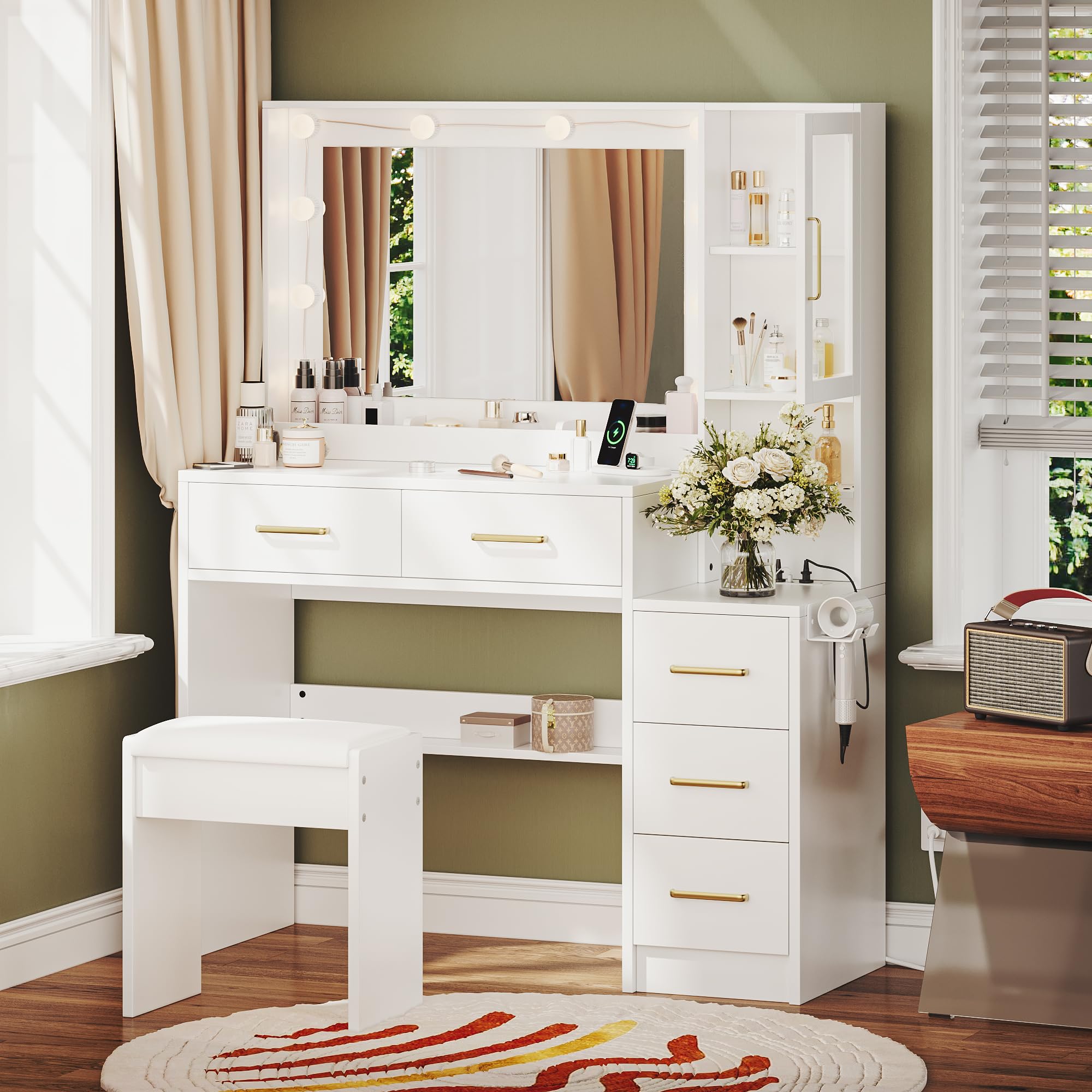 White Makeup Vanity Table with LED Lights & USB Charging Station, 5 Drawers & Open Shelves - Dressing Table Set for Women & Girls, Perfect for Bedroom, Dorm Room or Beauty Salon