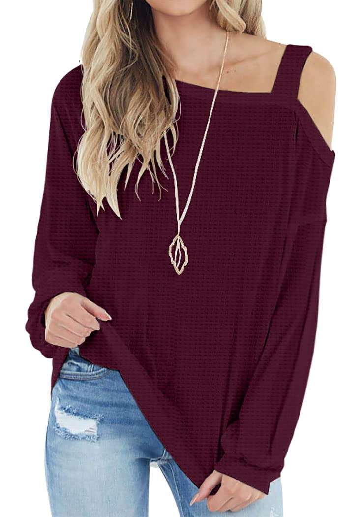 IWOLLENCE Women's Cold Shoulder Long Sleeve Blouse - Waffle Knit Tunic Top, Loose Fit Casual Shirt for Women | Perfect for Fall Layering, Date Nights & Weekend Outfits