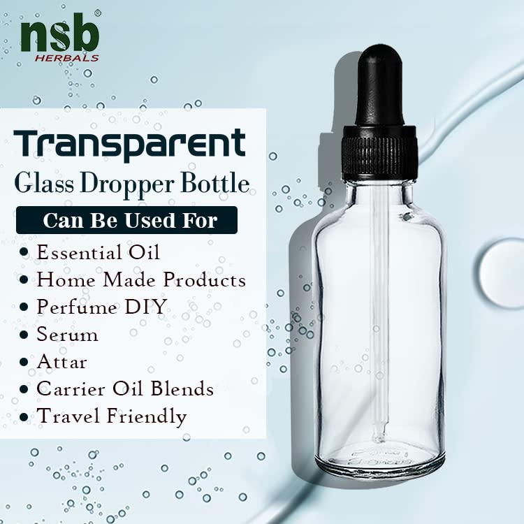 NSB Herbals 50ml Clear Round Empty Glass Bottle with Dropper & Black Silicone Cap - Refillable Essential Oil, Perfume, CBD Storage Bottles (Pack of 3) - Perfect for DIY Blends, Aromatherapy & Travel Size Liquids