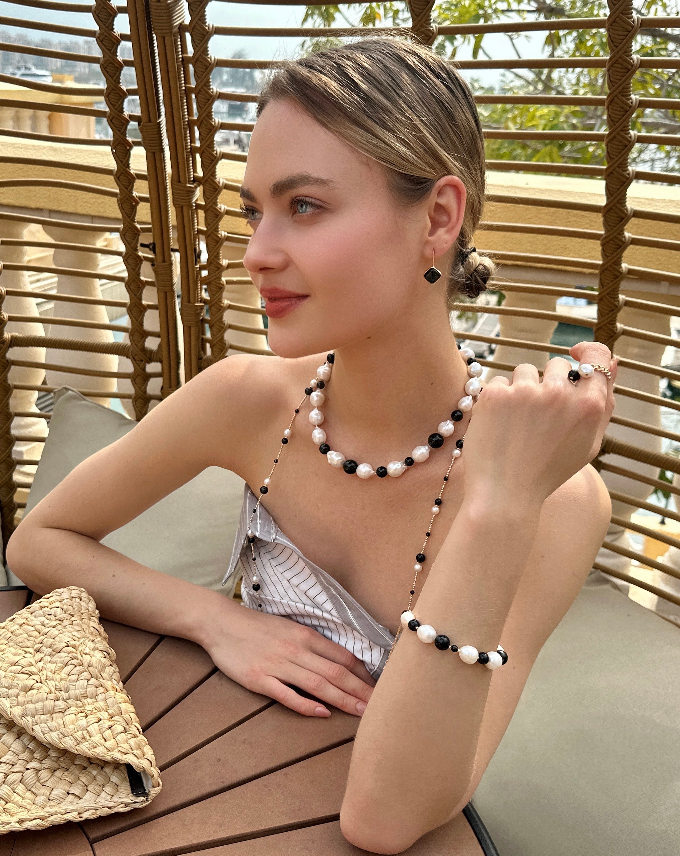 Elegant White Baroque Pearls & Black Obsidian Chunky Necklace LN072 | Vintage Boho Jewelry for Women, Perfect for Weddings, Parties & Evening Events