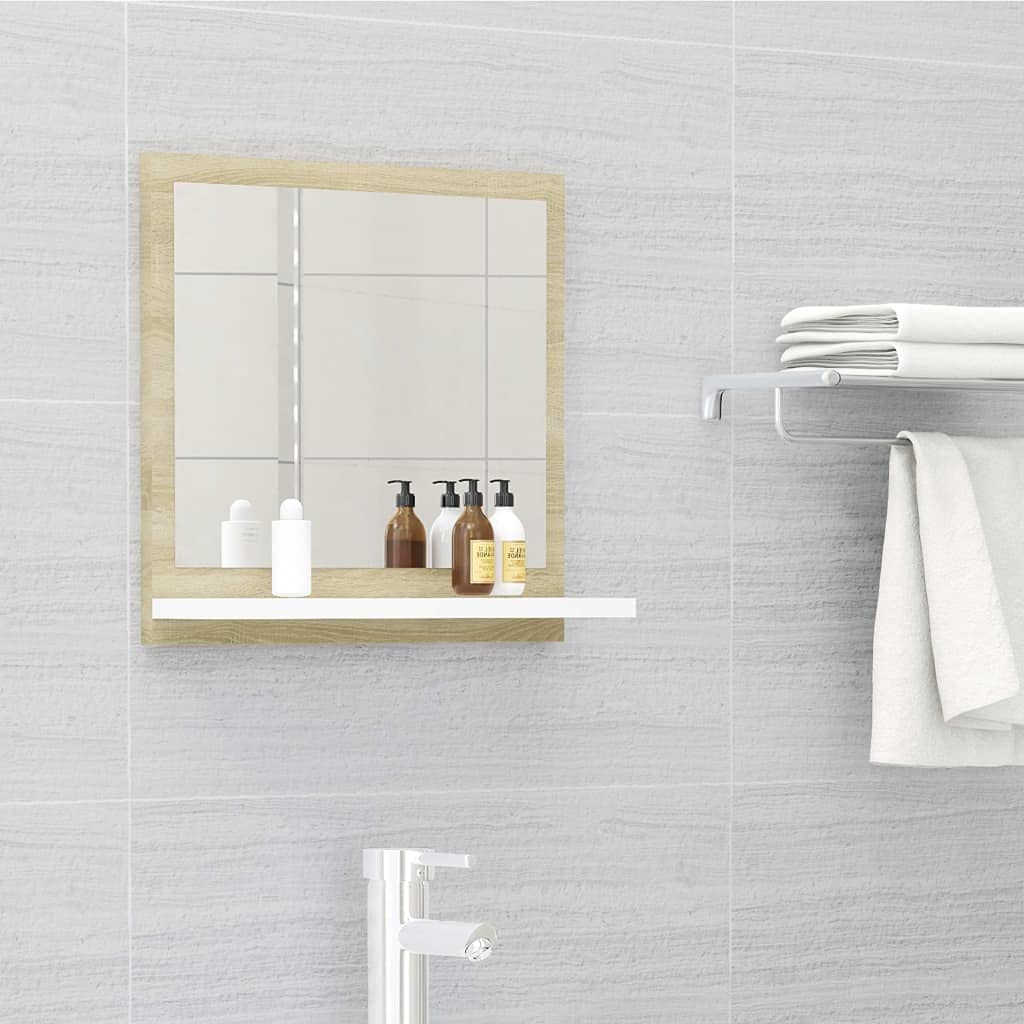 Modern Bathroom Mirror with Shelf - White & Sonoma Oak Finish, Durable Engineered Wood, 15.7