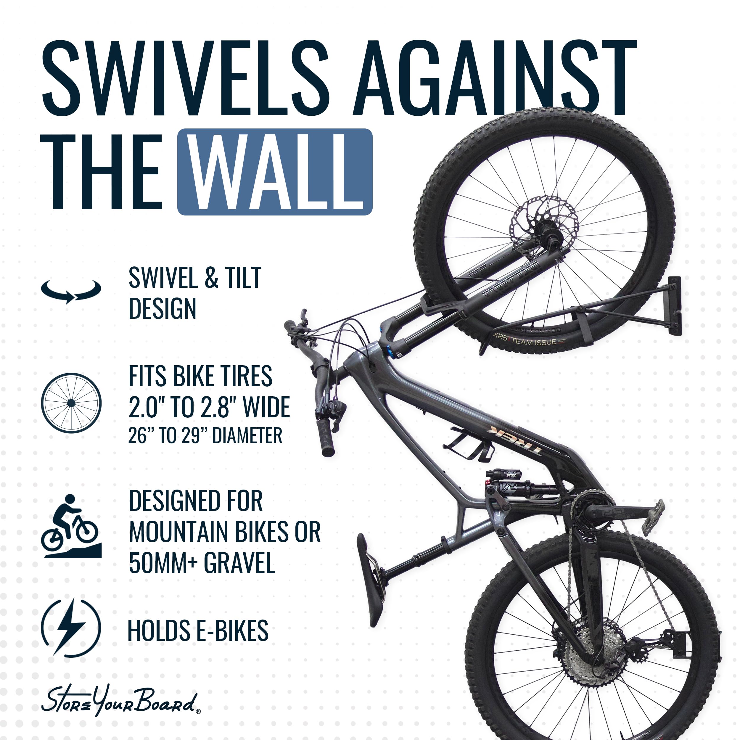 StoreYourBoard SwivelStow Heavy Duty Bike Wall Mount 2-Pack - No Lift Swivel Storage Rack for Mountain Bikes & eBikes - Space Saving Garage Bike Organizer for Home, Apartment & Cycling Enthusiasts