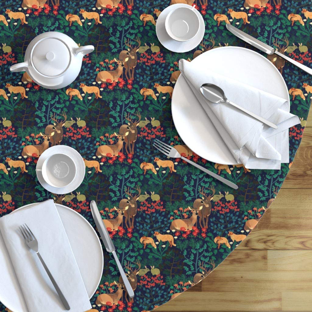 Custom Woodland Animals Rustic Forest Print Cotton Sateen Tablecloth - 70 Inch Round Table Cover for Modern Cabin, Farmhouse & Rustic Weddings (Deer Fox Rabbit Design) - Perfect for Dining Room Decor, Outdoor Picnics & Seasonal Tablescapes