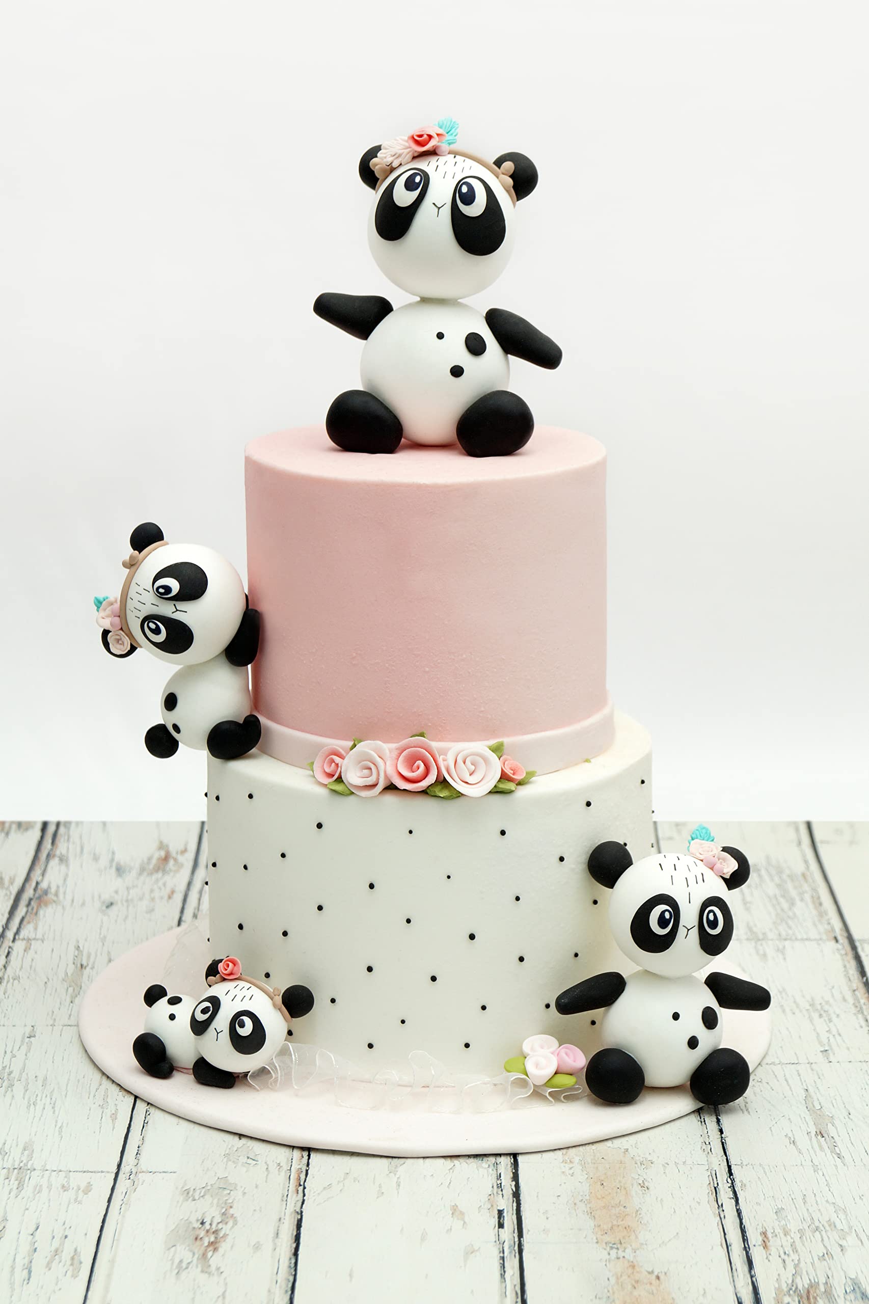 Handmade Clay Panda Cake Topper Set with Flowers - 7-Piece Panda Figurines for Birthday Cakes, Baby Showers & Special Events - Adorable Panda Cake Decorations for Wedding, Anniversary & Party Desserts