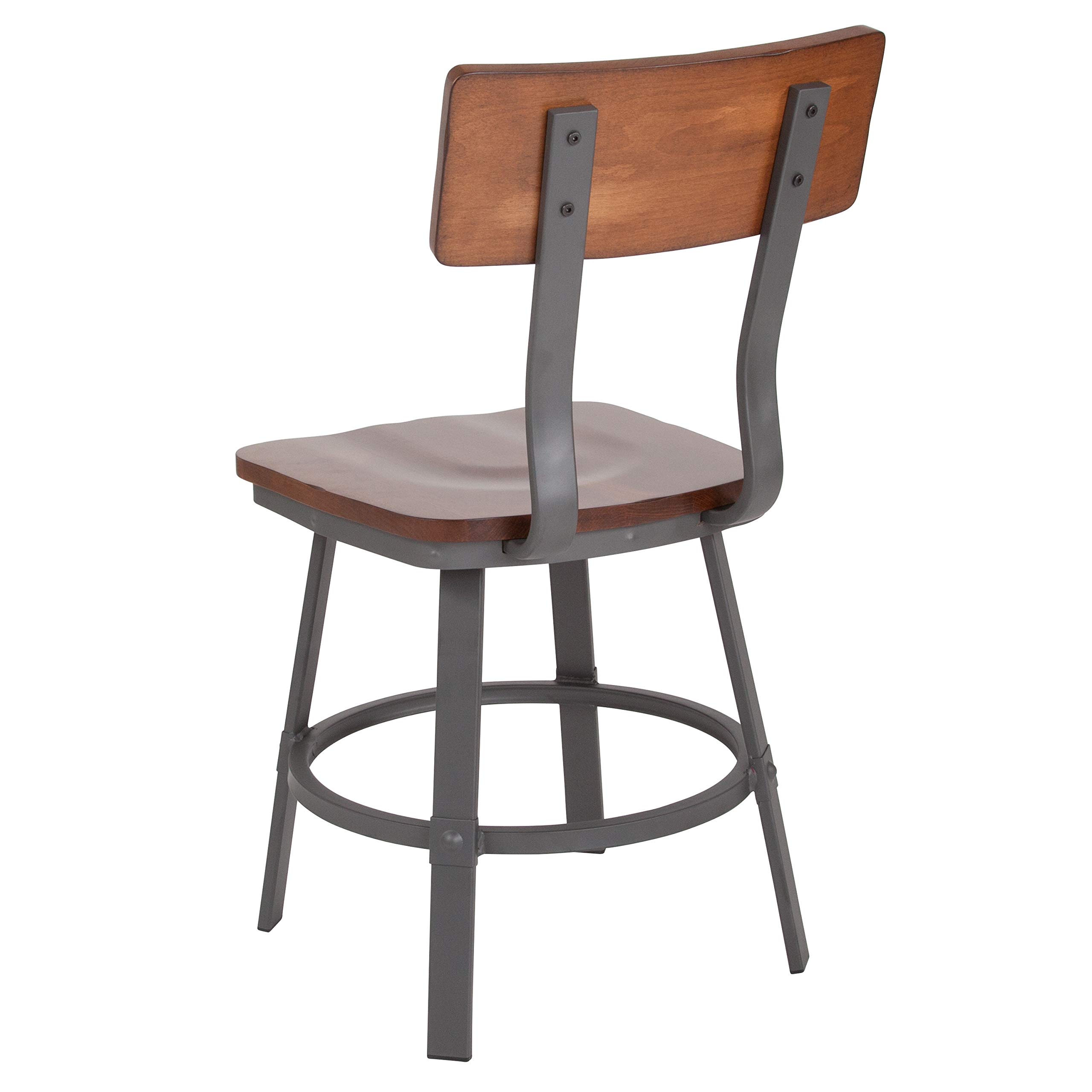 EMMA + OLIVER Rustic Walnut Dining Chair with Wood Back & Seat, Gray Metal Frame - Perfect for Farmhouse Kitchen, Dining Room & Restaurant Decor