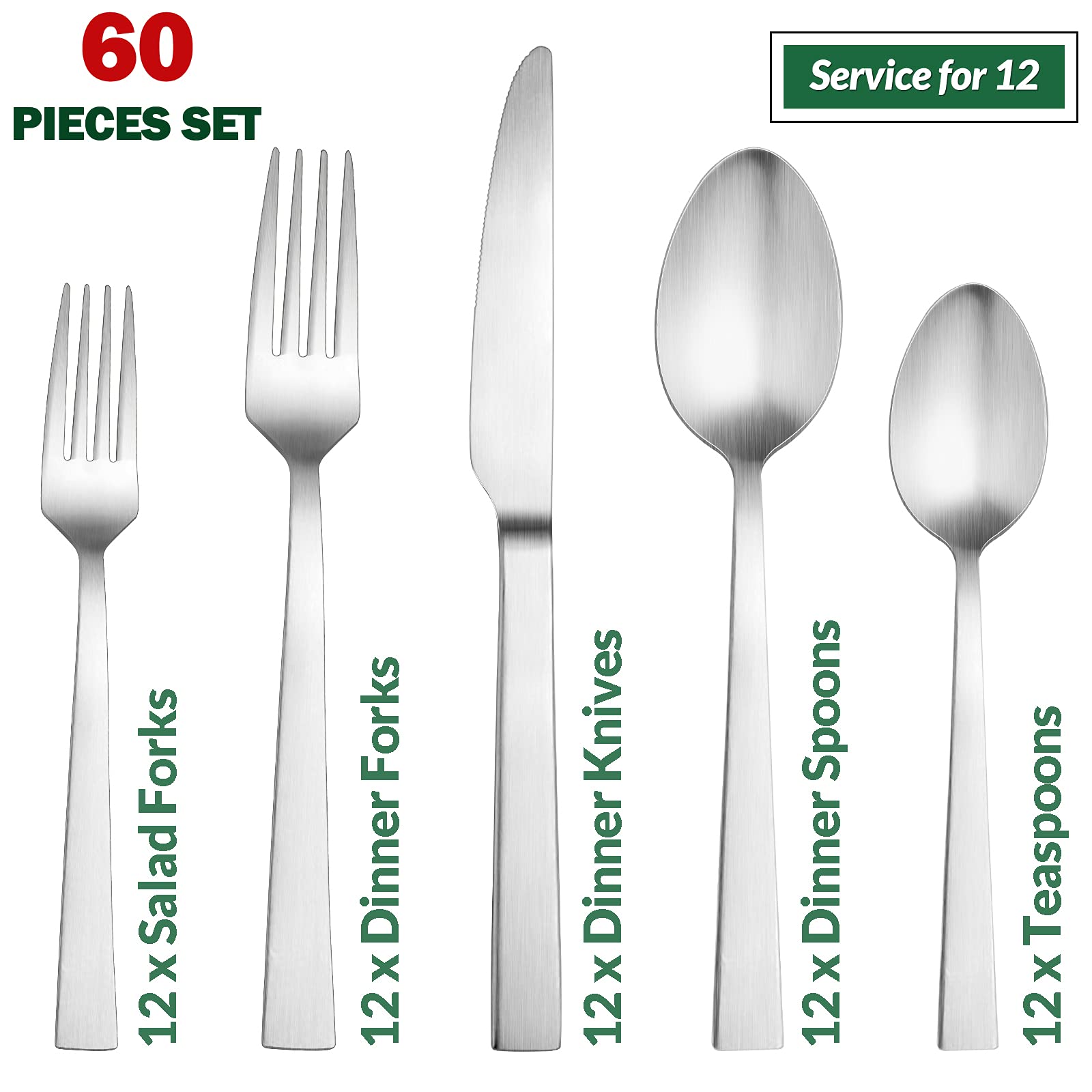 60-Piece Matte Silverware Set - Stainless Steel Flatware Service for 12 with Forks, Spoons & Knives - Elegant Square Edge Cutlery for Dining, Parties & Wedding Table Settings