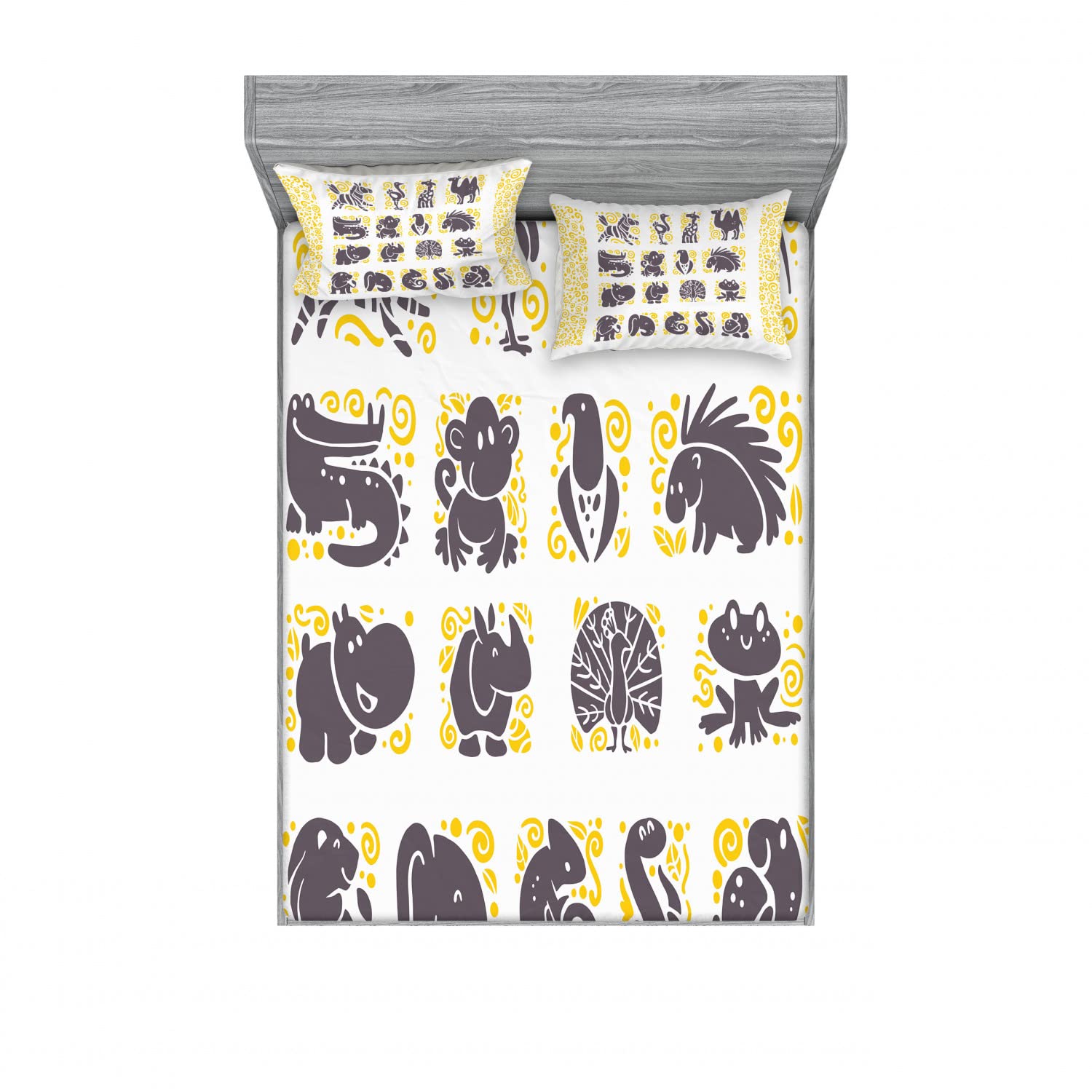 Ambesonne 2-Piece King Size Fitted Sheet Set with 4 Pillow Shams - Grey Ostrich Pattern Bedding Collection | Earth Yellow & Eggplant Color | Perfect for Guest Rooms, Master Bedrooms & Animal Theme Decor