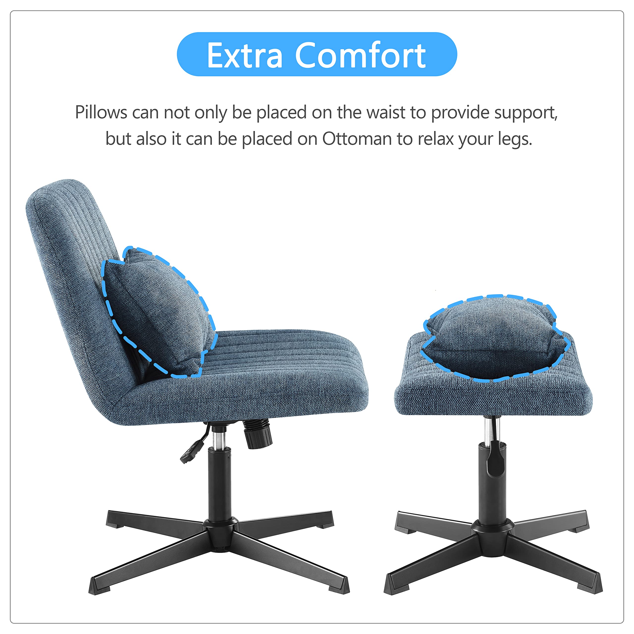 Zouron 360° Swivel Velvet Accent Chair with Ottoman - Adjustable Height Modern Tufted Wingback Club Chair, Upholstered Leisure Chair with Black Metal Legs for Office, Bedroom & Living Room - Perfect for Reading Nooks, Home Theaters and Cozy Conversation Areas (Blue)