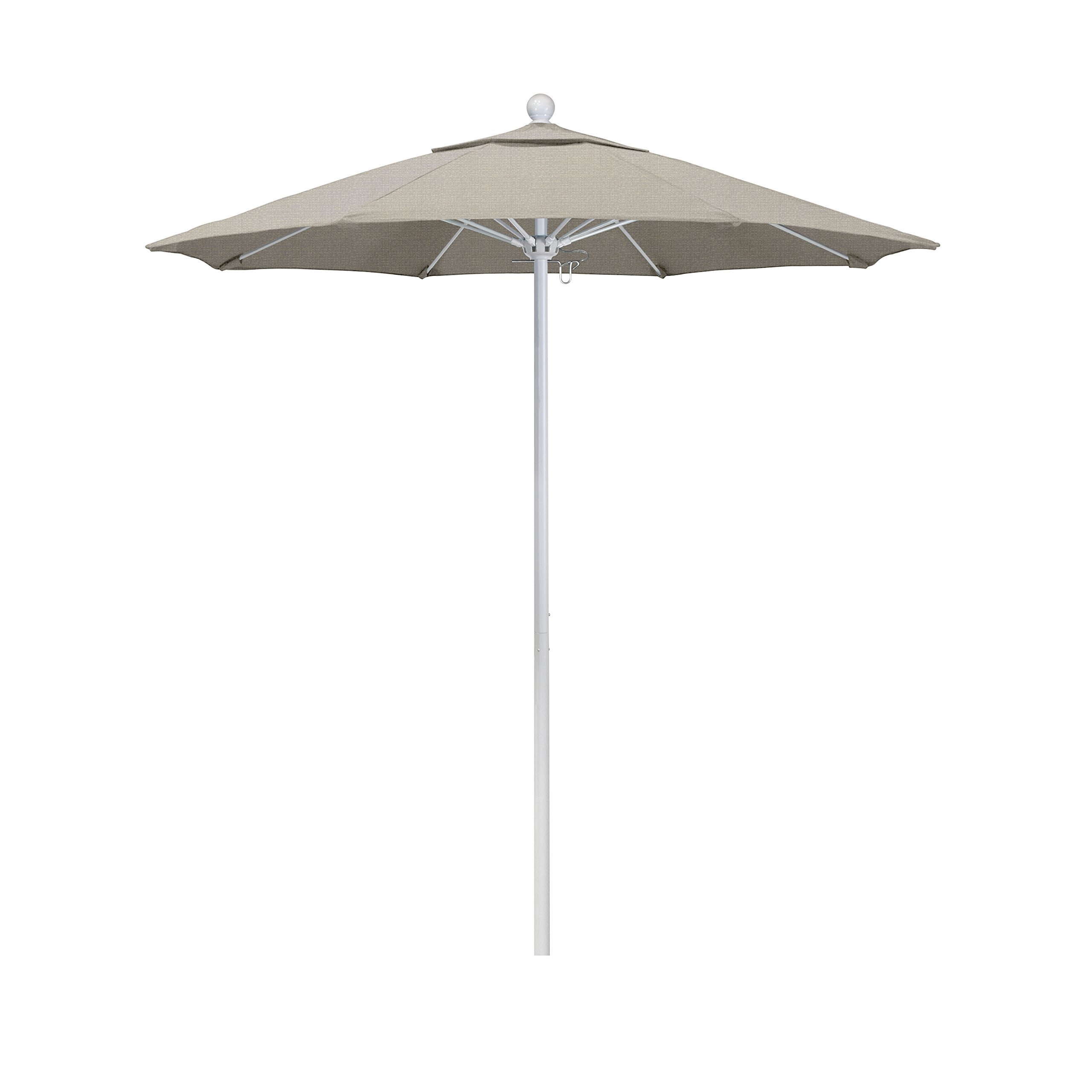 7.5' Round Patio Umbrella with Aluminum & Fiberglass Frame - Push Button Open, White Pole, Durable Olefin Woven Granite Fabric - Perfect for Outdoor Dining, Poolside Lounging & Backyard Relaxation