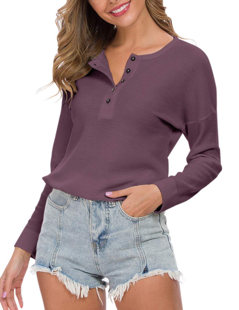 WNEEDU Women's Waffle Knit Tunic Top - Loose Fit Long Sleeve Button Up V Neck Henley Shirt for Casual Wear, Layering & Fall Outfits