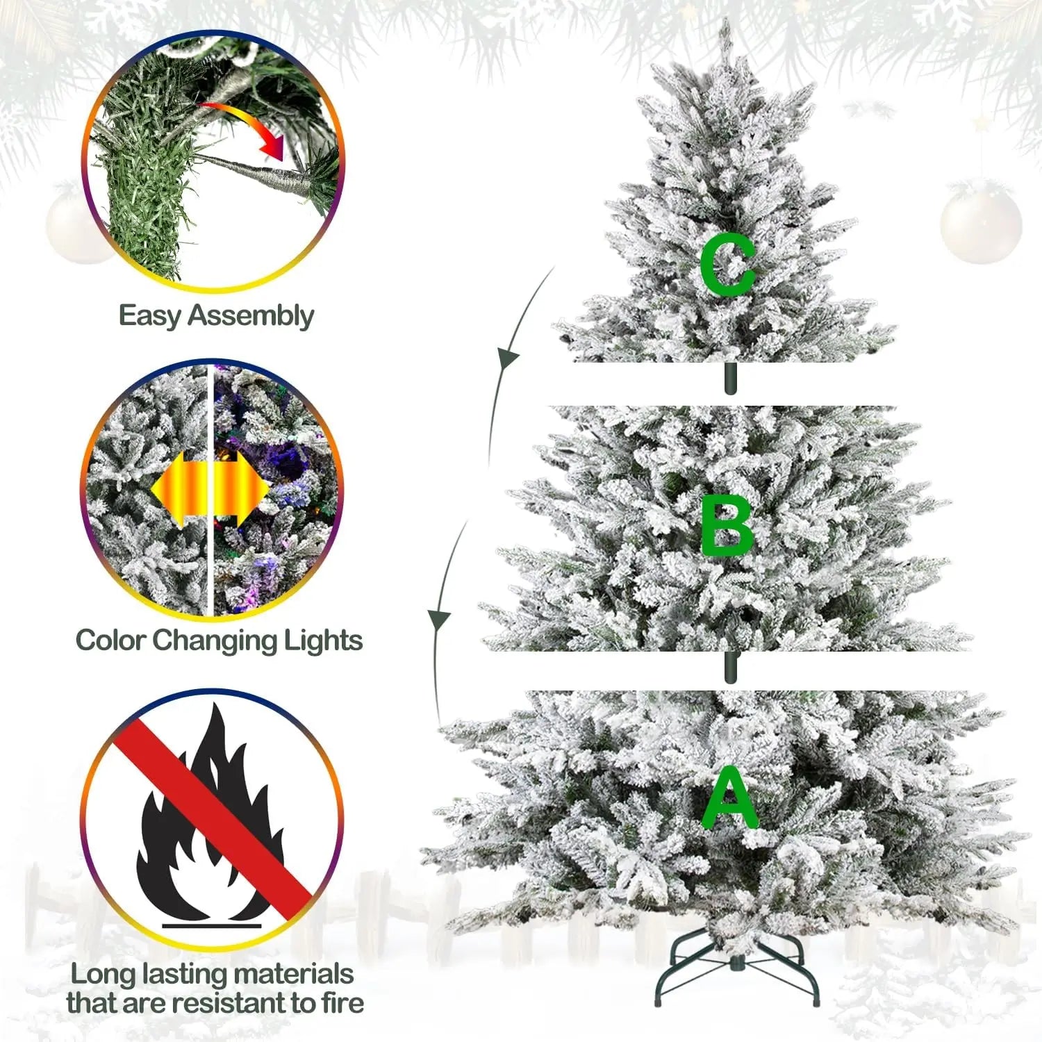 6.5'/7.5' Premium Pre-Lit Snow Flocked Artificial Christmas Tree with 11 Modes LED Lights, 800+ Branch Tips, Sturdy Metal Stand & Hinged Branches - Perfect for Living Room, Office, and Holiday Decorations