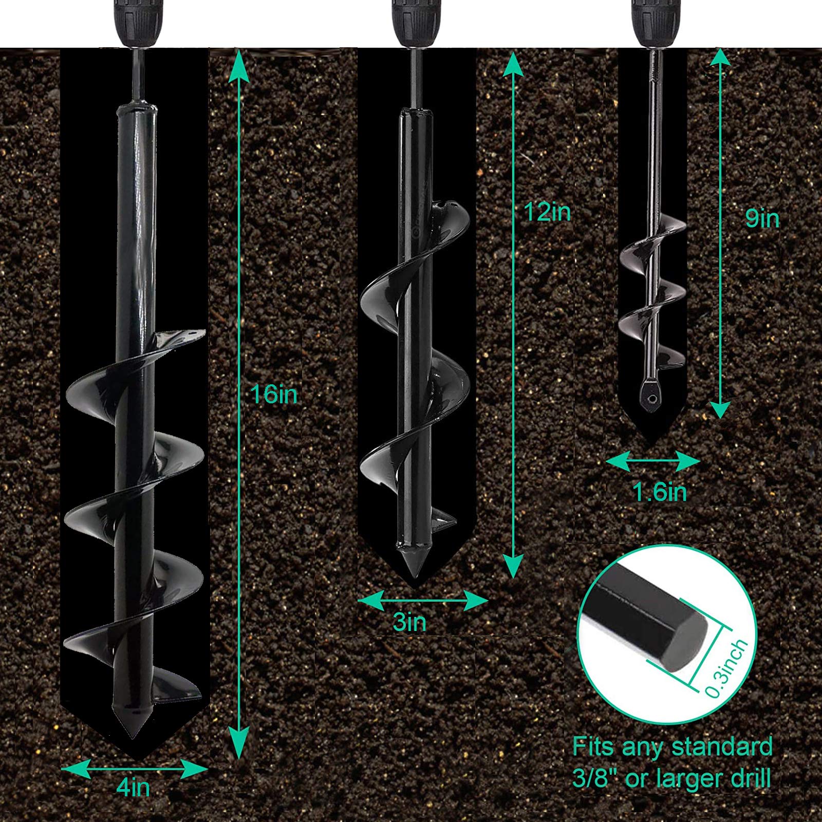 **Auger Drill Bit Set for Planting - Spiral Hole Digger for Garden, Bulb & Bedding Plants, Post & Umbrella Holes - Compatible with 3/8” Hex Drive Drill - Perfect for Landscaping, Gardening & DIY Projects**