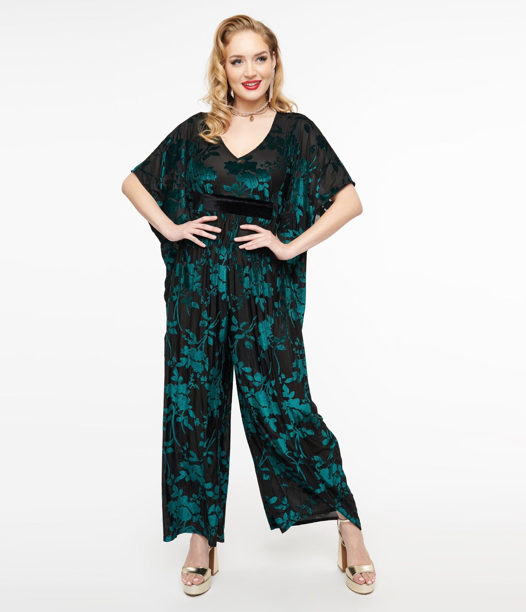 Vintage 1970s Black & Teal Velvet Floral Burnout Caftan Jumpsuit - Retro Boho Chic Outfit for Women, Lounge Wear & Summer Festival Fashion