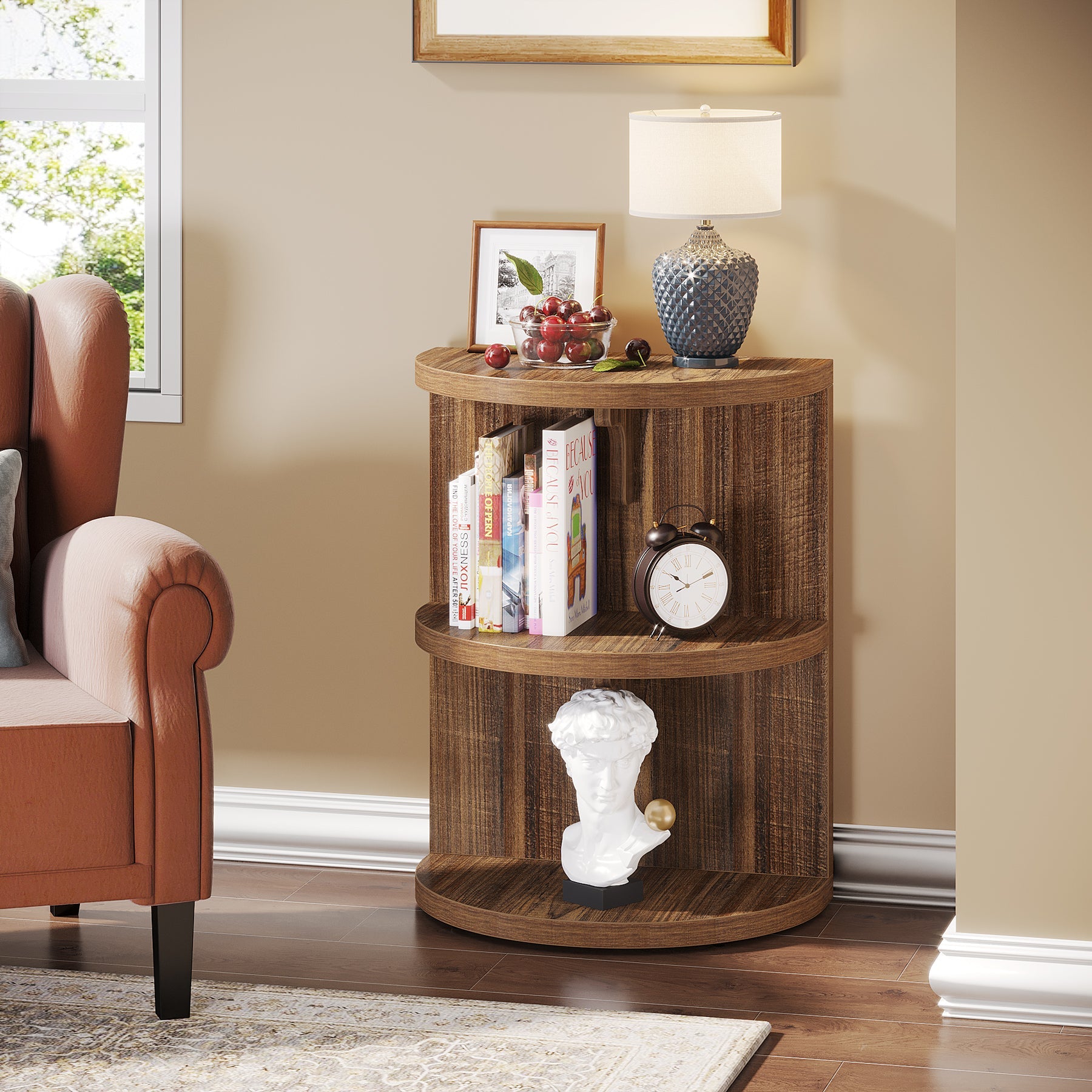 3 Tier Half Round End Table - Semi Circular Side Table for Living Room, Bedroom, or Office - Modern Wooden Accent Table with Storage Shelf