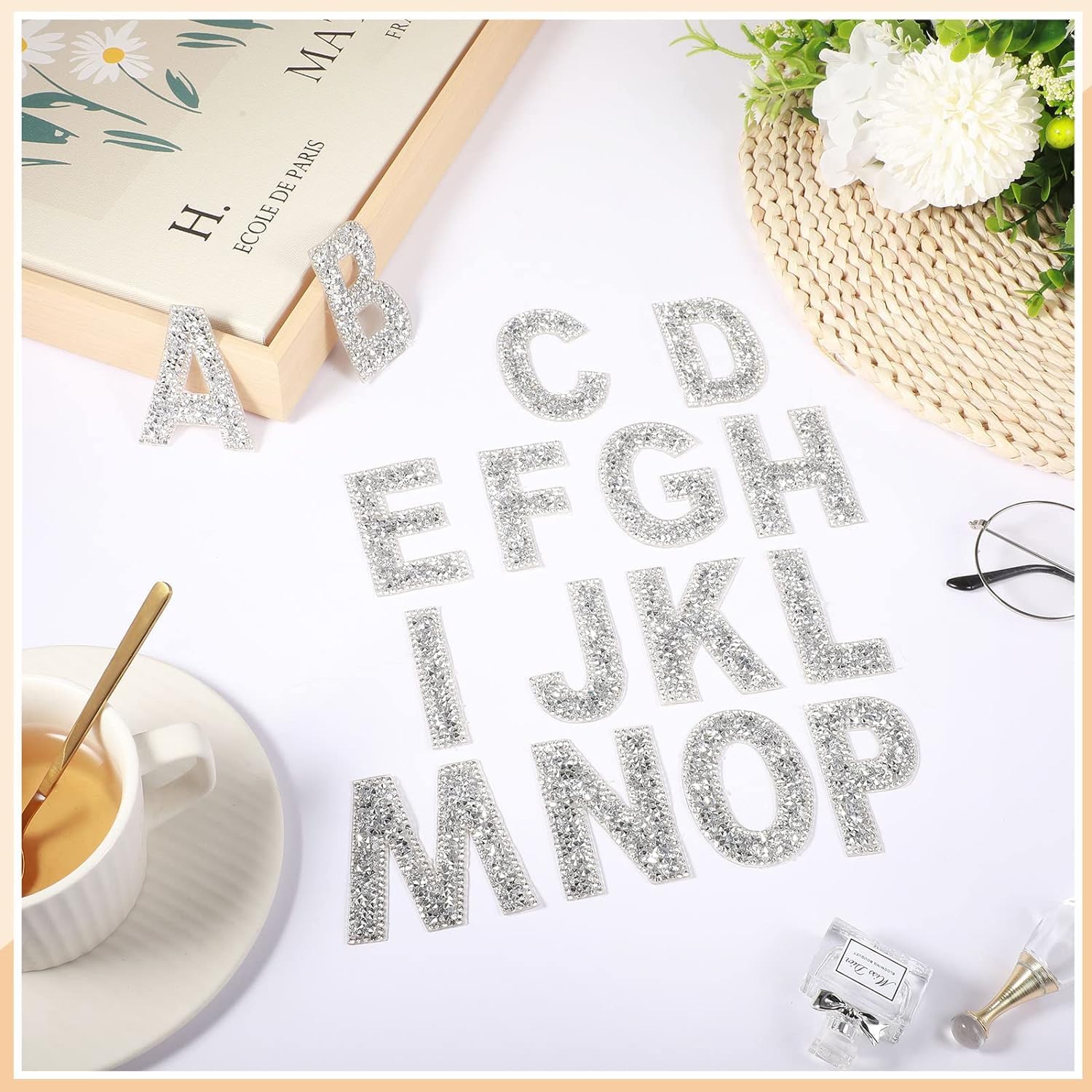 Glitter Resin Rhinestone Alphabet Letter Stickers A-Z (White, 26 Pieces) - Self Adhesive Iron On Crystal Letters for DIY Clothing, Art Projects, Scrapbooking & Home Decor
