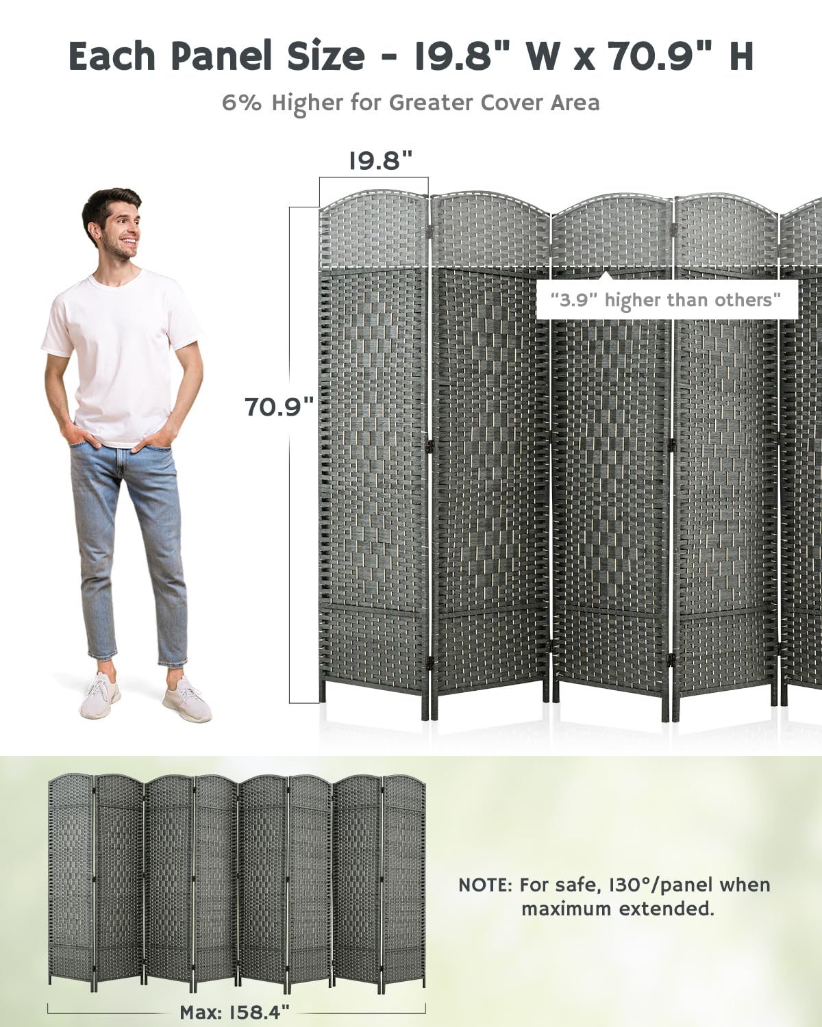 JOSTYLE 6ft Tall Extra Wide Folding Room Divider - Diamond Double-Weave Privacy Screen for Home & Office (Grey, 8-Panel) | Freestanding Partition for Bedroom, Living Room & Workspace