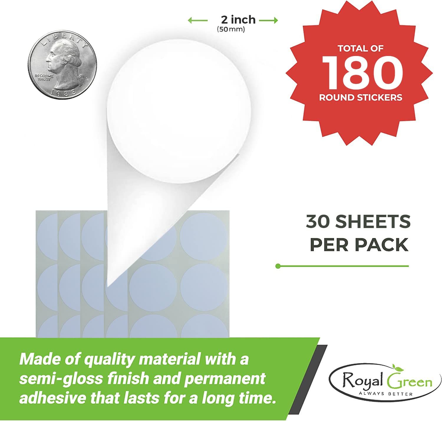 Royal Green 2 Inch Round Neon Yellow Sticker Labels - 180 Pack of 50mm Permanent Adhesive Dots for Jars, Storage Identification & Organization - Perfect for Pantry, Office, Craft Room & Home Labeling Needs