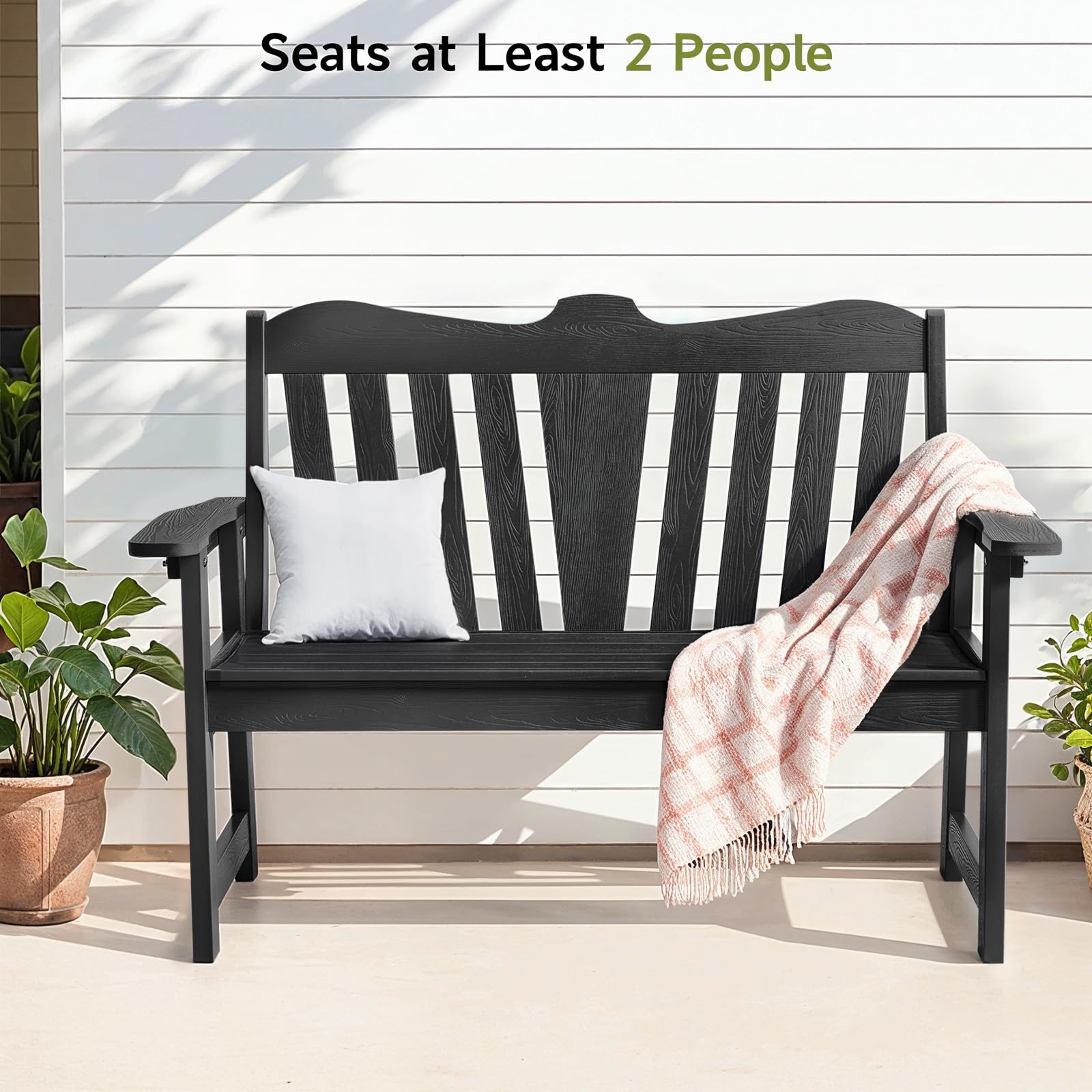 **2-Person Weatherproof Outdoor Bench - All-Weather Garden, Patio, Backyard & Park Bench with Wide Armrests & Backrest - Durable, Fade & Rot Resistant - Easy Assembly - Black - Perfect for Relaxing in Gardens, Porches & Outdoor Spaces**