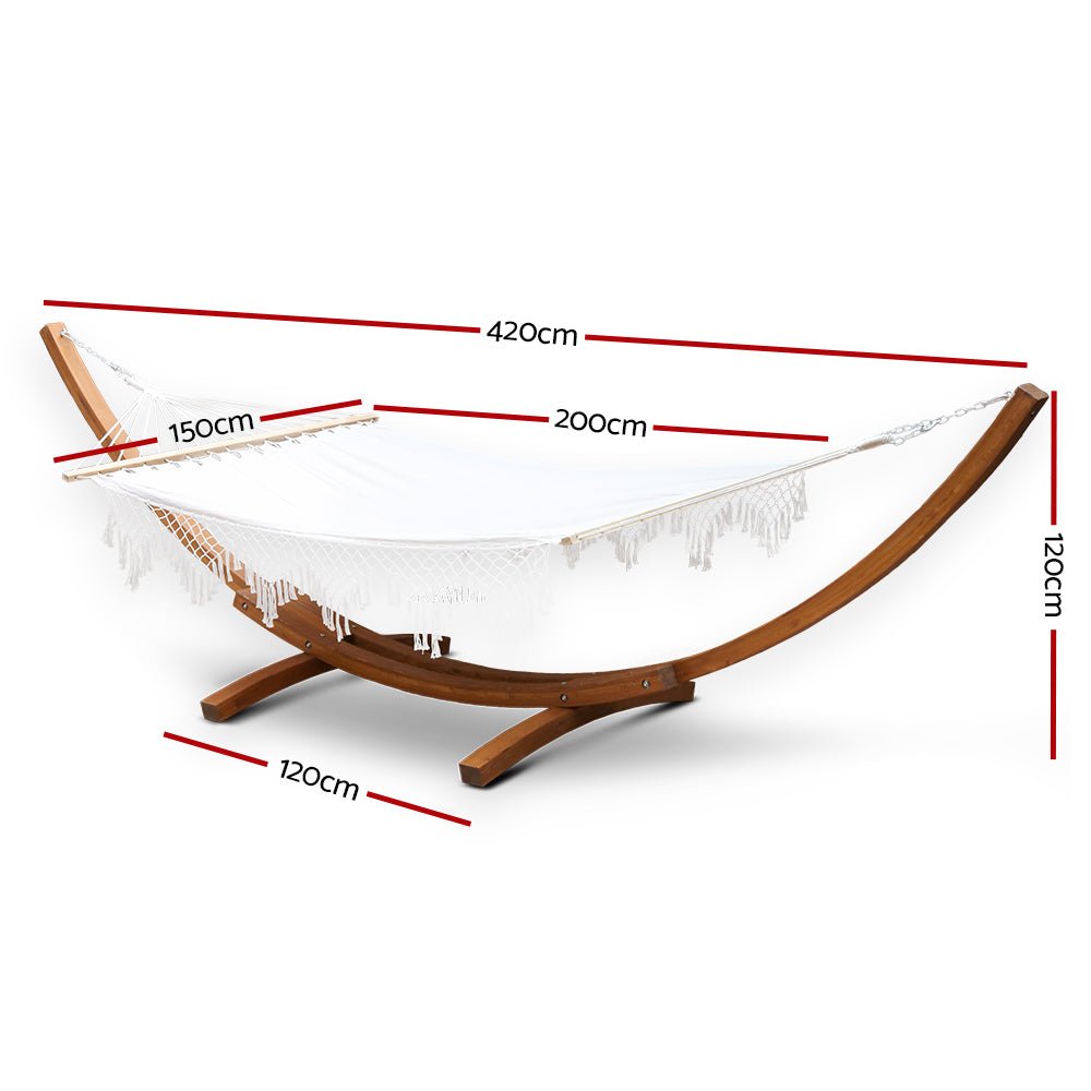 Premium White Tassel Timber Hammock - Portable Outdoor Camping & Garden Relaxation Bed for Backyard, Beach, and Patio Use