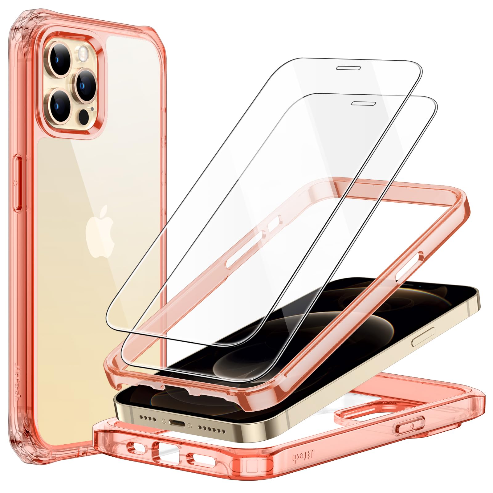 JETech iPhone 12 Pro Max Case 6.7 Inch with 2-Pack Tempered Glass Screen Protector - 360° Full Body Shockproof Bumper Phone Cover, Clear Back Protective Case (Rose Gold) | Perfect for Outdoor Activities, Work & Daily Use