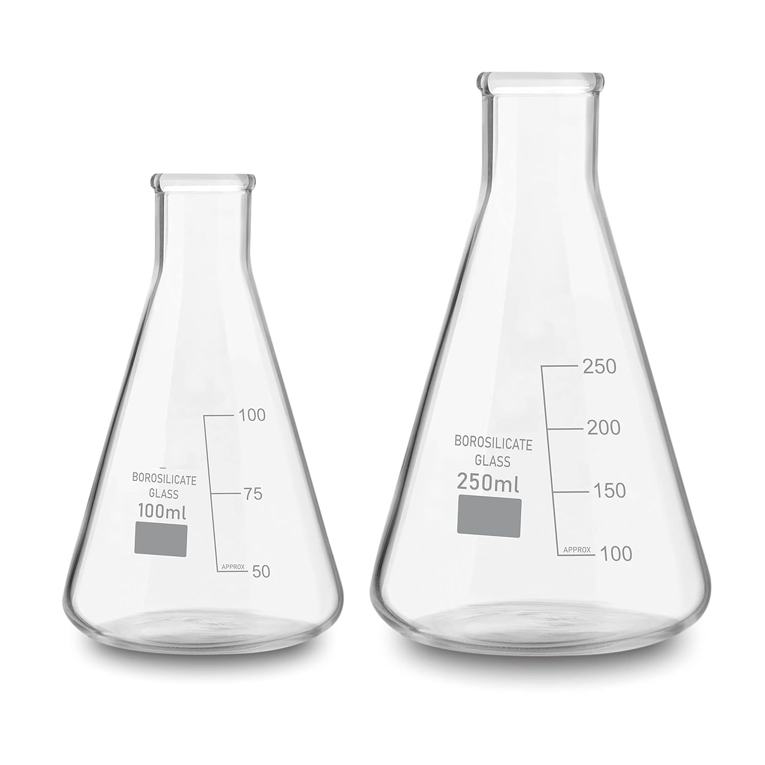 Premium Borosilicate 3.3 Glass Conical Flask Set (100ml & 250ml) with Graduation Marks - Durable Lab Glassware for Chemistry Experiments, School & College Laboratories - Perfect for Titration, Mixing Solutions & Scientific Research