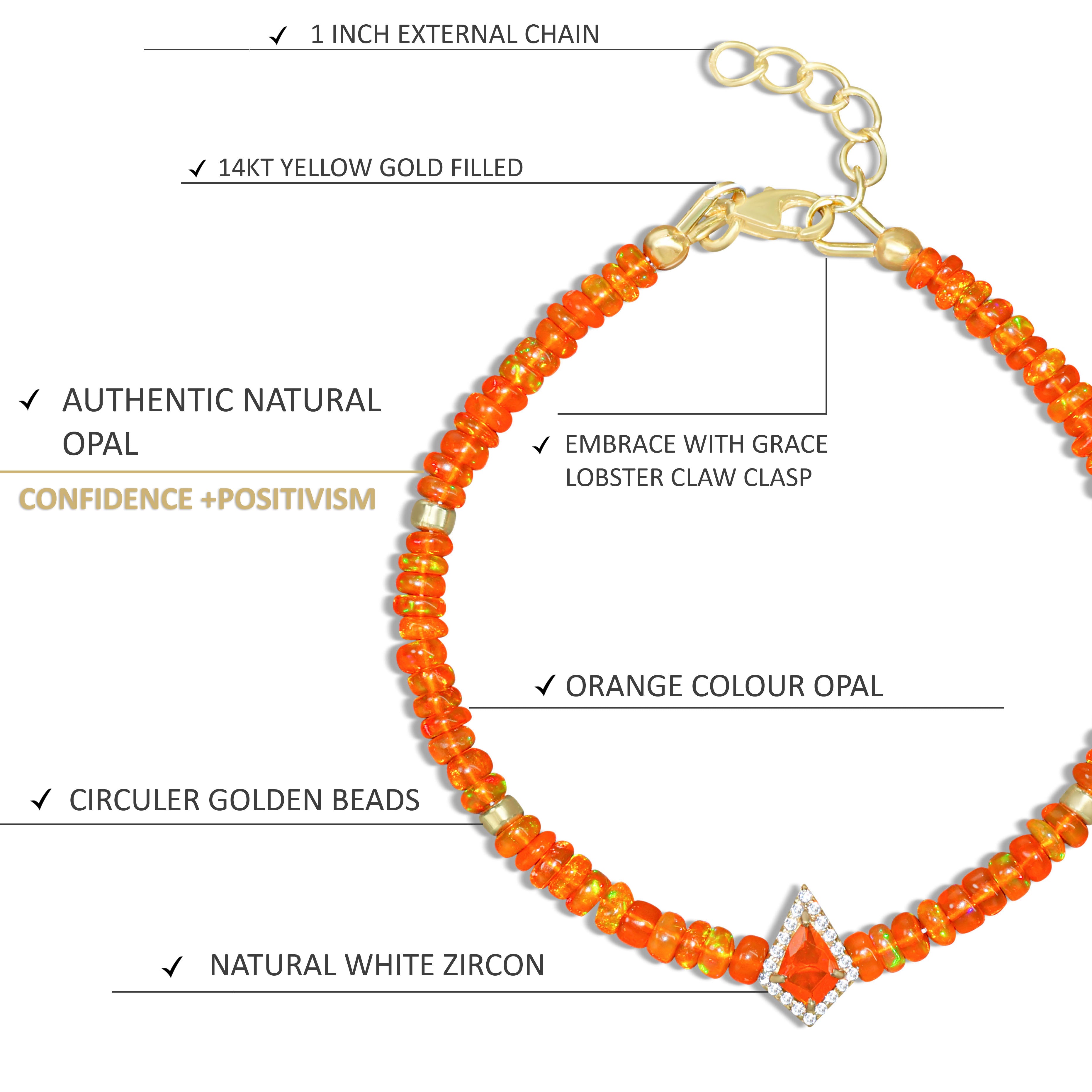 Natural Orange Opal Gemstone Kite Charm Plain Beaded Bracelet for Women - Handmade Boho Jewelry Gift for Birthday, Wedding & Everyday Wear