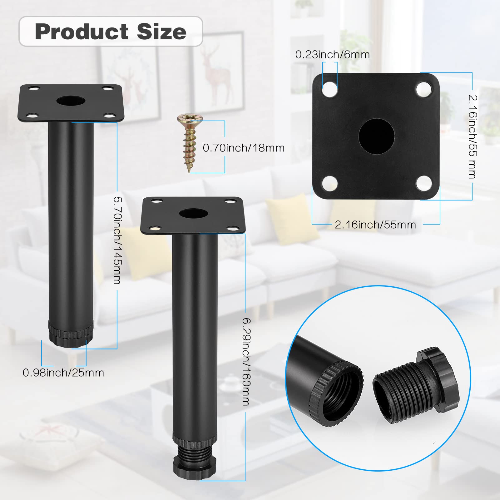 4Pcs 15cm Black Adjustable Furniture Legs with 16 Screws - Metal Leveling Cabinet Feet for DIY Sofa, Table, Chair, Desk & Kitchen Cupboard - Perfect for Home Office, Living Room & Kitchen Furniture Support