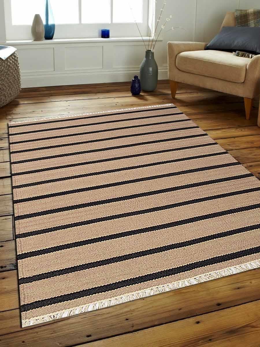 Handmade Wool Kilim Area Rug - 4'x6' Flat Weave Eco-Friendly Carpet in Cream Charcoal, Contemporary Low Pile Design for Living Room, Bedroom & Home Decor | Rugsotic Carpets D00118