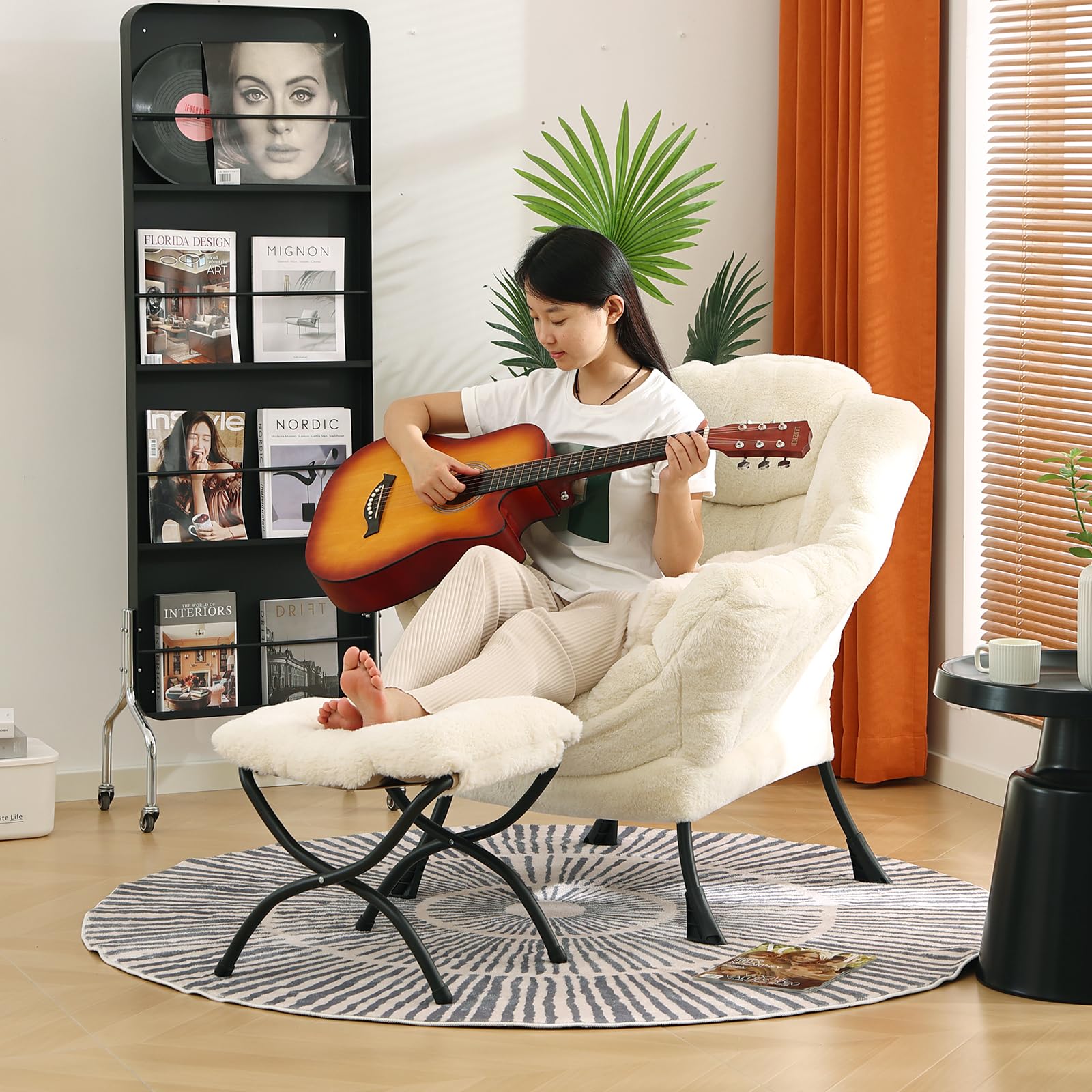 Large Lazy Chair with Ottoman - Plush Beige Accent Reading Chair with Throw Pillow, Cozy Lounge Armchair for Living Room, Bedroom & Dorm | Perfect for Relaxing, Reading & Napping
