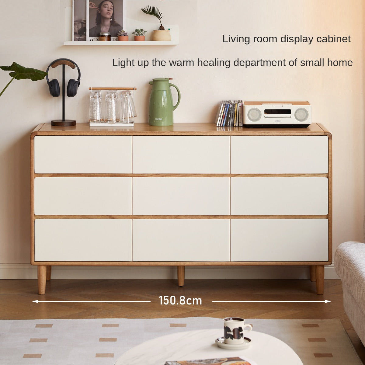Oak Solid Wood Modern Nine Drawer Cabinet - Stylish Storage Solution for Bedroom, Living Room & Office Organization