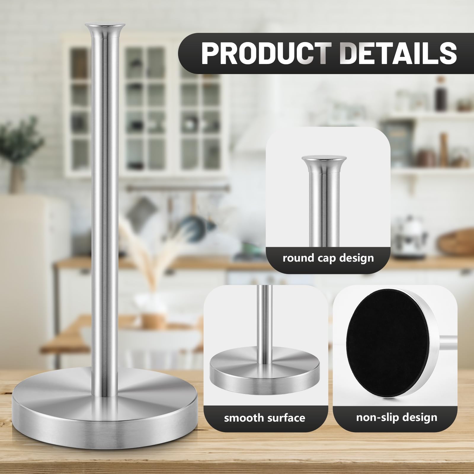 Stainless Steel Paper Towel Holder for Kitchen & Bathroom - Heavy Weight Non-Slip Base, Space Saving Countertop Design, Scratch Resistant & Smooth Surface - Perfect for Home, Office, and Restaurant Use