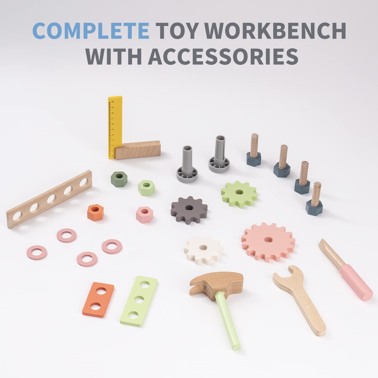 ROBOTIME Wooden Tool Bench Set for Kids - Construction Pretend Play Toys with Wooden Tools, Educational Building Toy Gift for Toddlers Ages 18 Months to 5 Years - Perfect for Role Play, Early Learning & Motor Skill Development