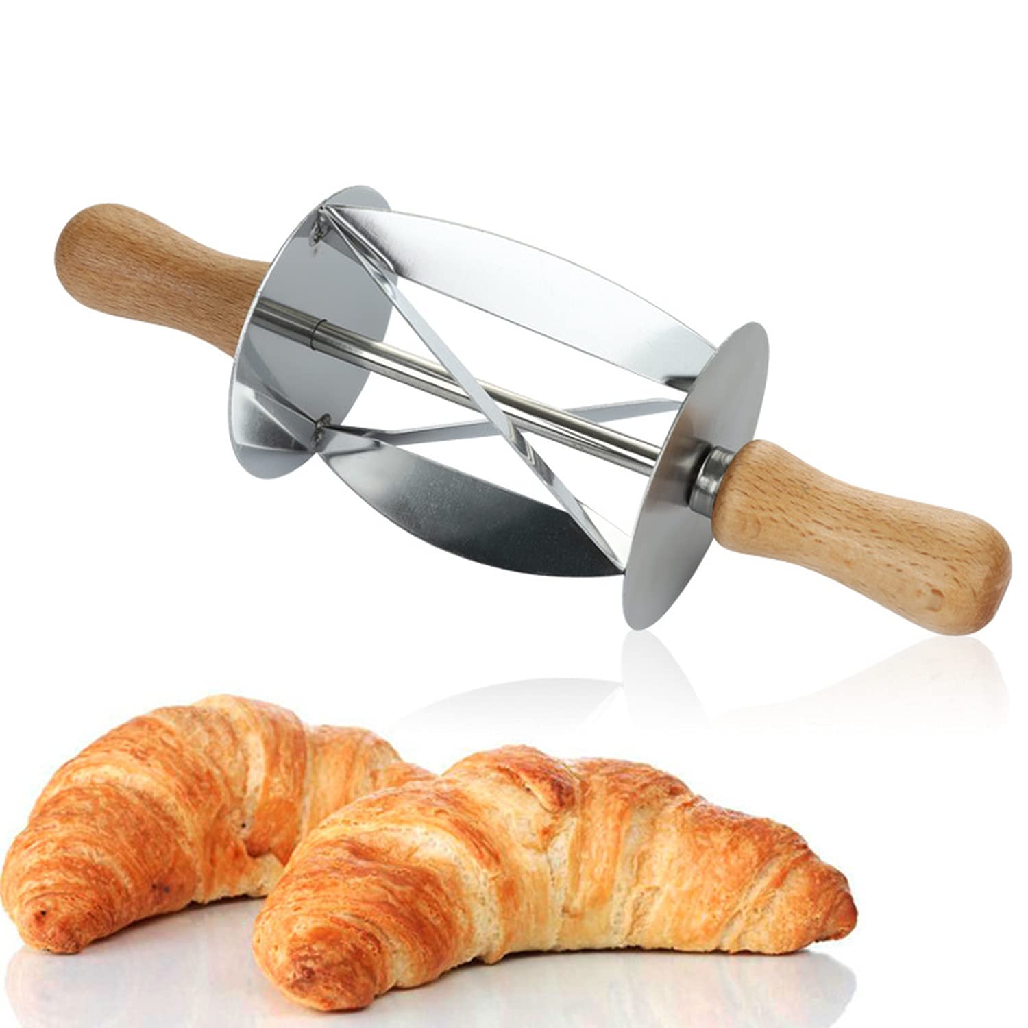 Premium Stainless Steel Rolling Cutter for Croissant Dough - Wooden Handle Pastry Knife for Baking Bread, Pizza & Pastries - Ideal for Home Bakers & Professional Kitchens