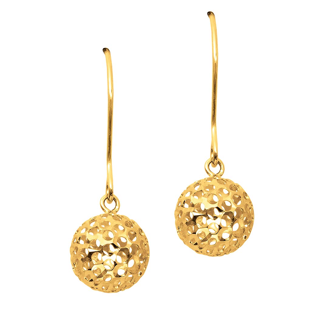 14K Yellow Gold Textured Shiny Small Mesh Ball Drop Dangle Earrings for Women - Elegant Fashion Jewelry Gift for Parties, Weddings & Special Occasions